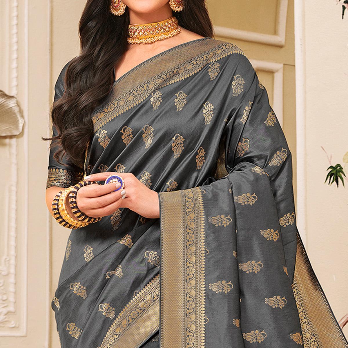 Peachmode Glowing Grey Colored Festive Wear Woven Banarasi Silk Saree - view 3