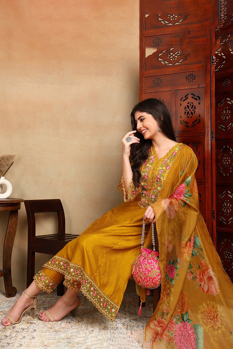 Ahika Mustard Yellow Silk Blend Solid Embroidered Straight Trouser Bottom Suit Set PKSKD2475 - view 5