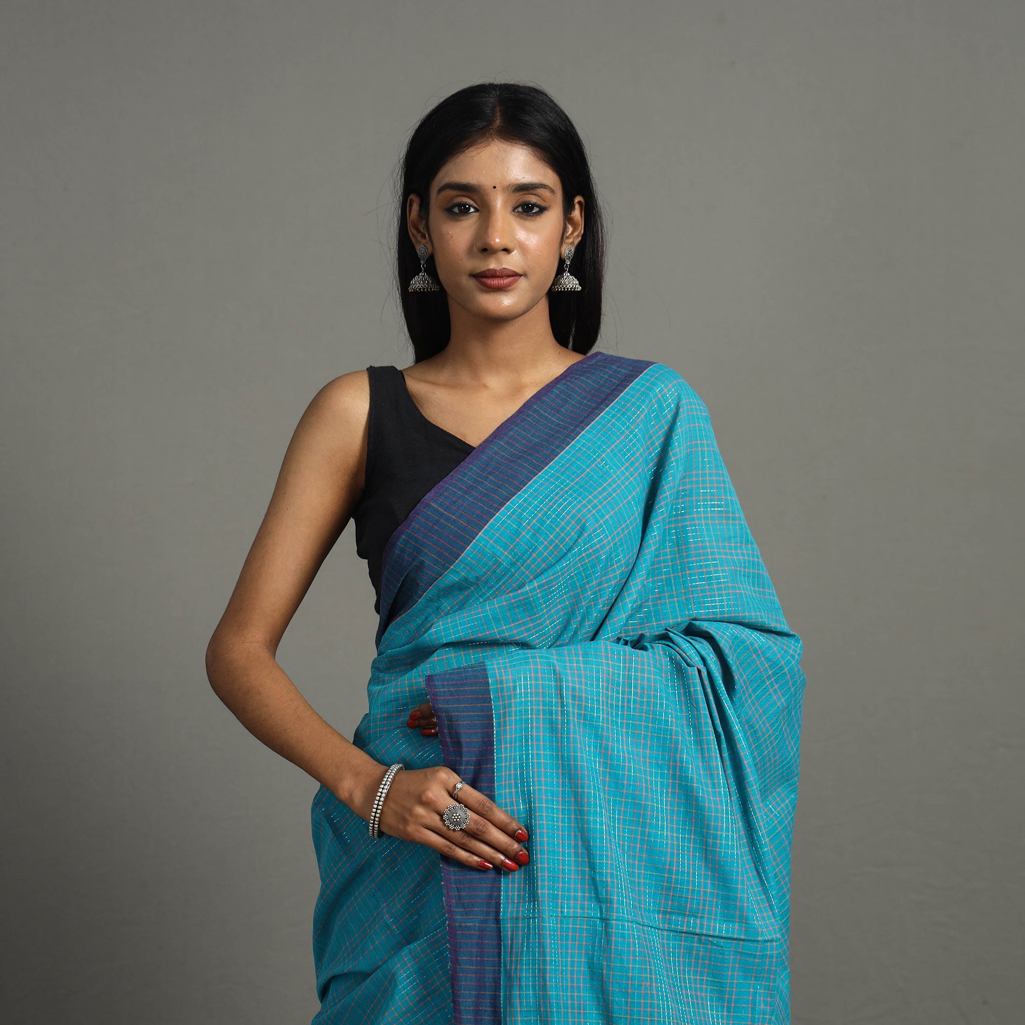 CREYO Blue - Bazaar Checks Cotton Handloom Saree 44 - view 4