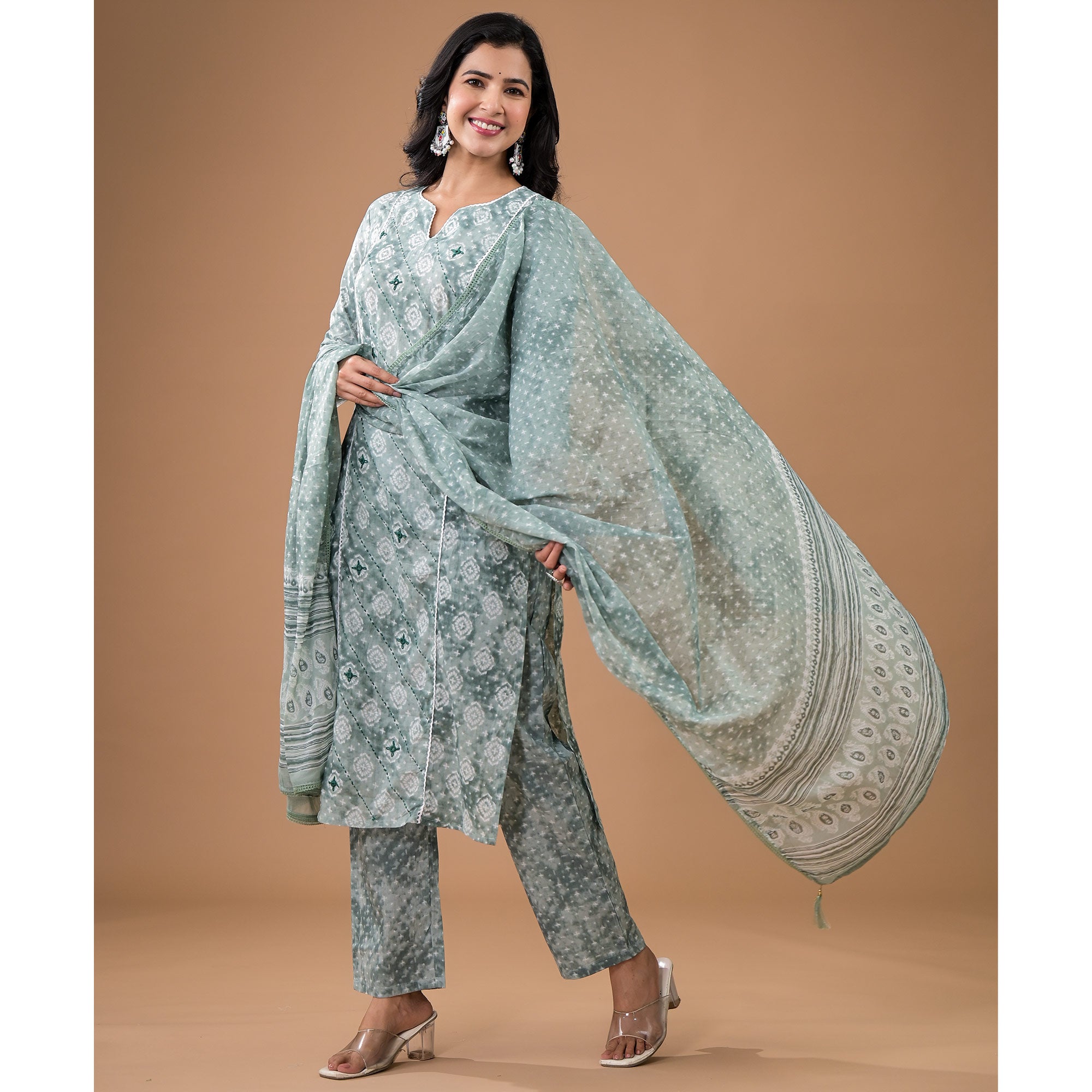 Peachmode Mint Green Printed Pure Cotton Straight Salwar Suit - view 3