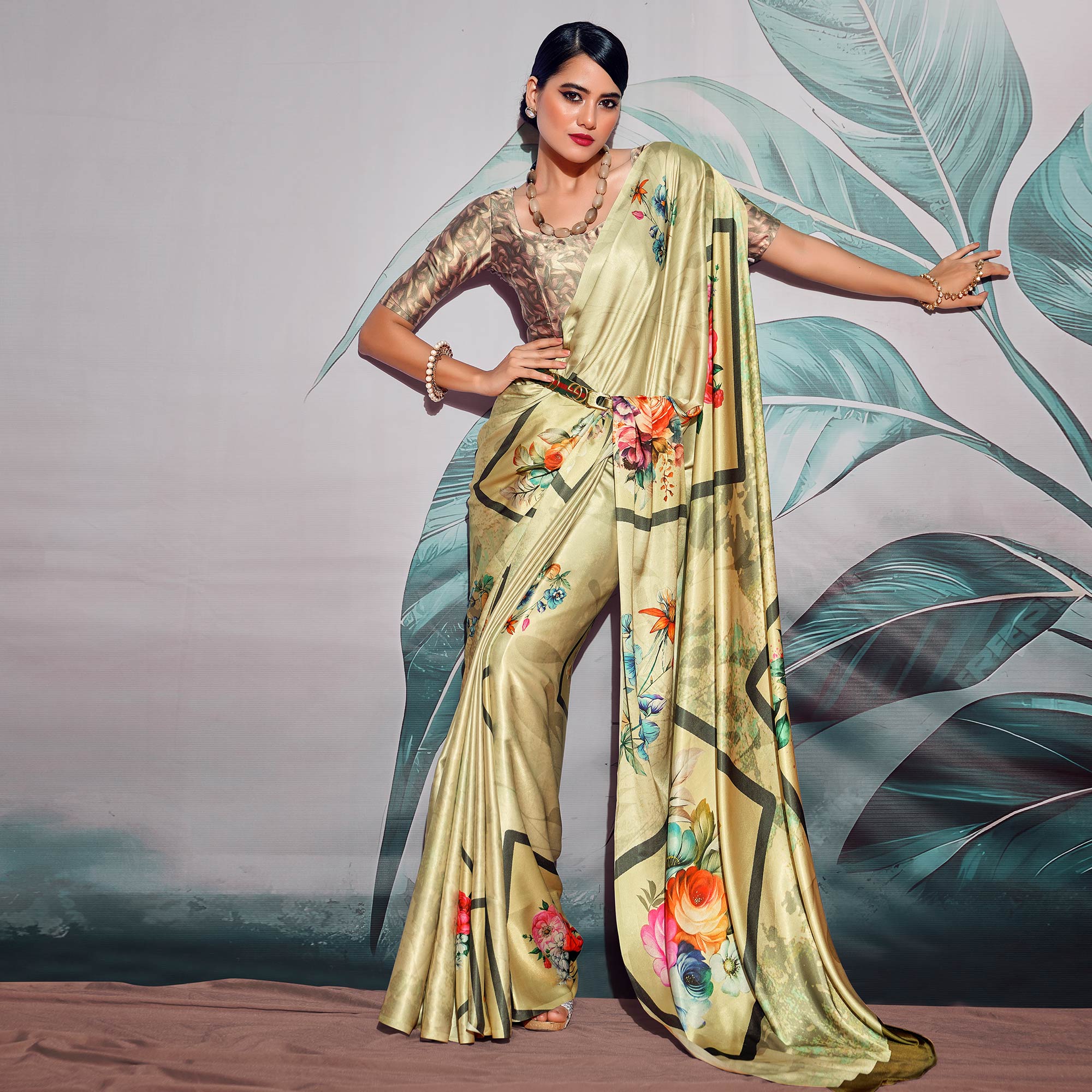 Peachmode Light Green Digital Printed Satin Saree