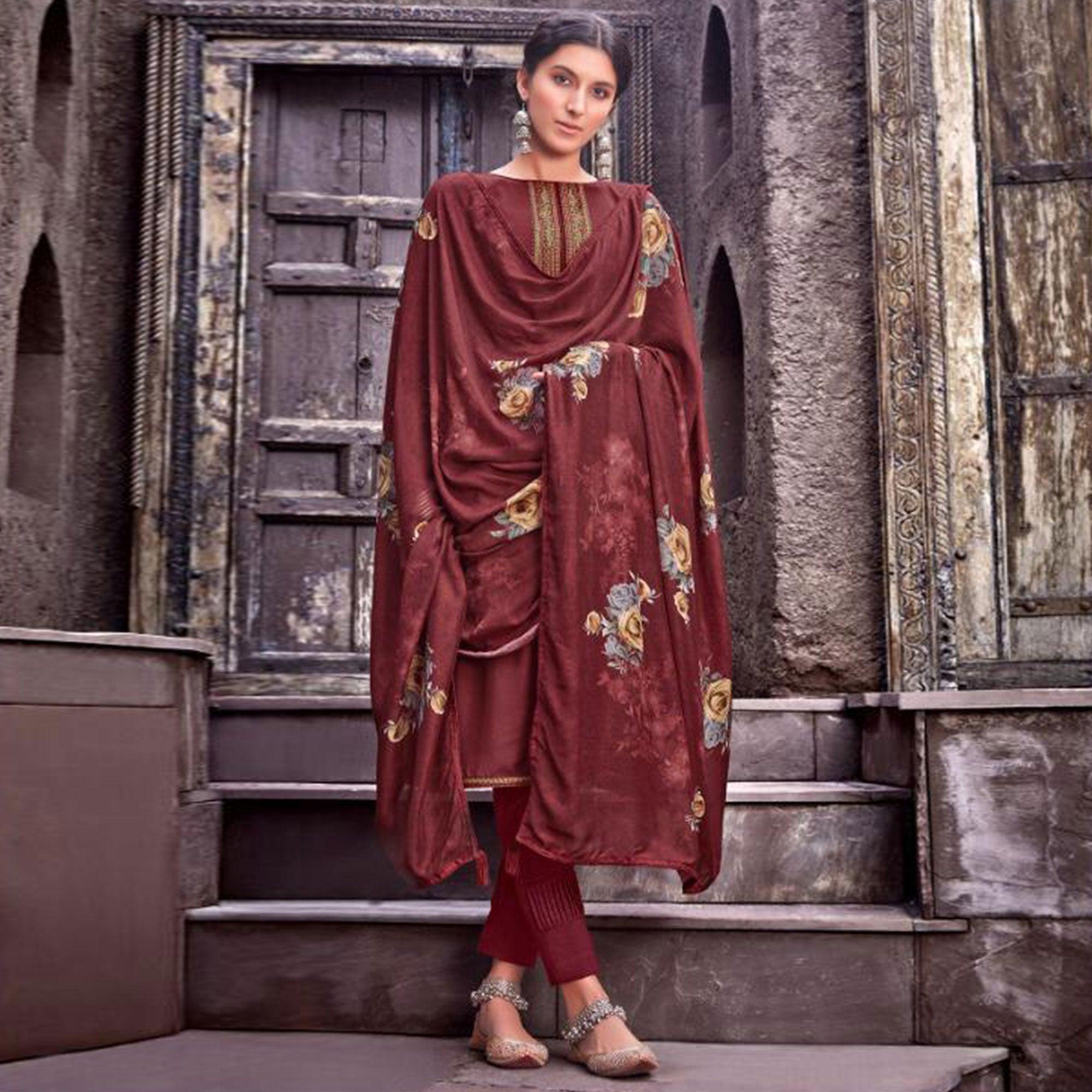 Peachmode Majesty Maroon Colored Partywear Printed Viscose Muslin Suit