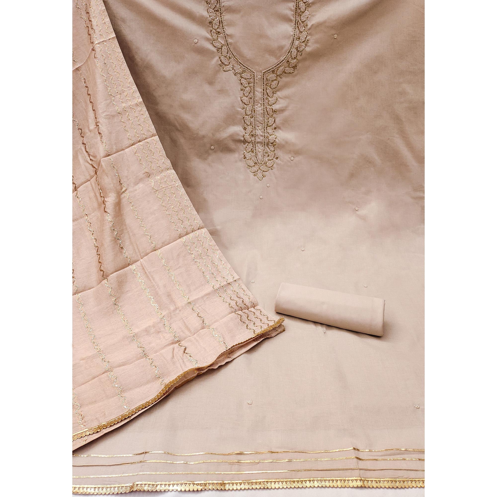 Peachmode Chikoo Zardosi Moti Work Pure Cotton Dress Material - view 3