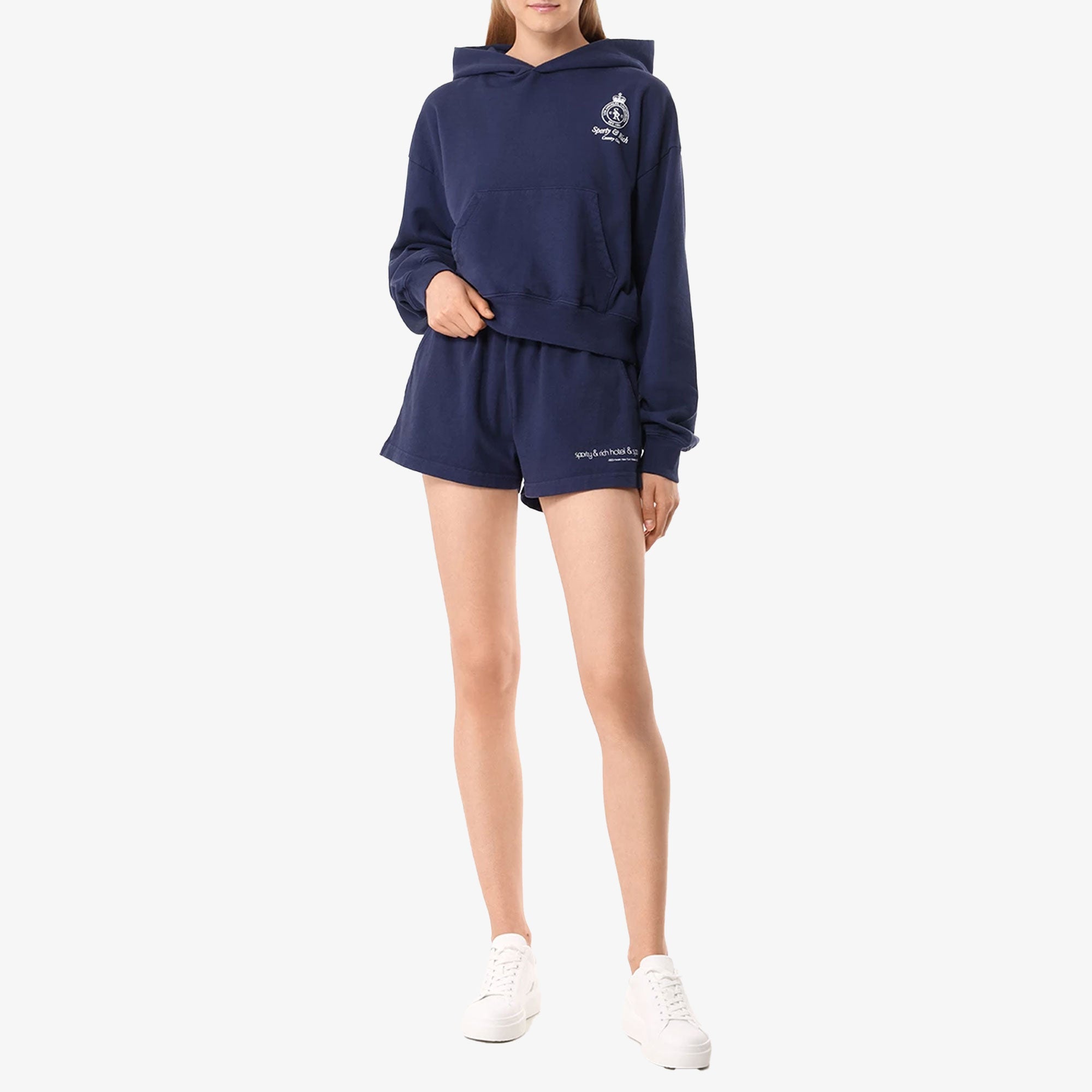 Sporty & Rich | Crown Logo Cropped Hoodie { Navy/white - view 3
