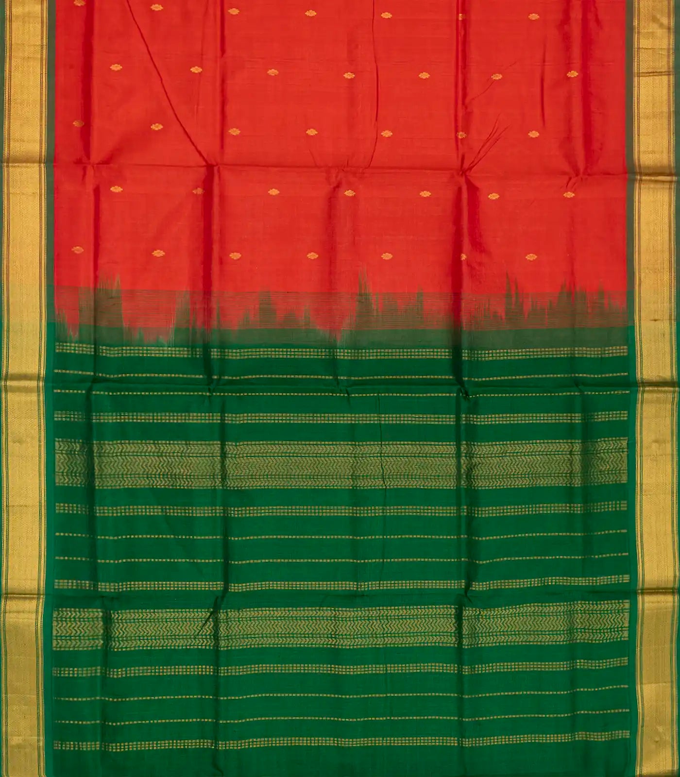 RmKV Red Handloom Korvai Silk Cotton Saree With Zari Buttas-Red - view 2