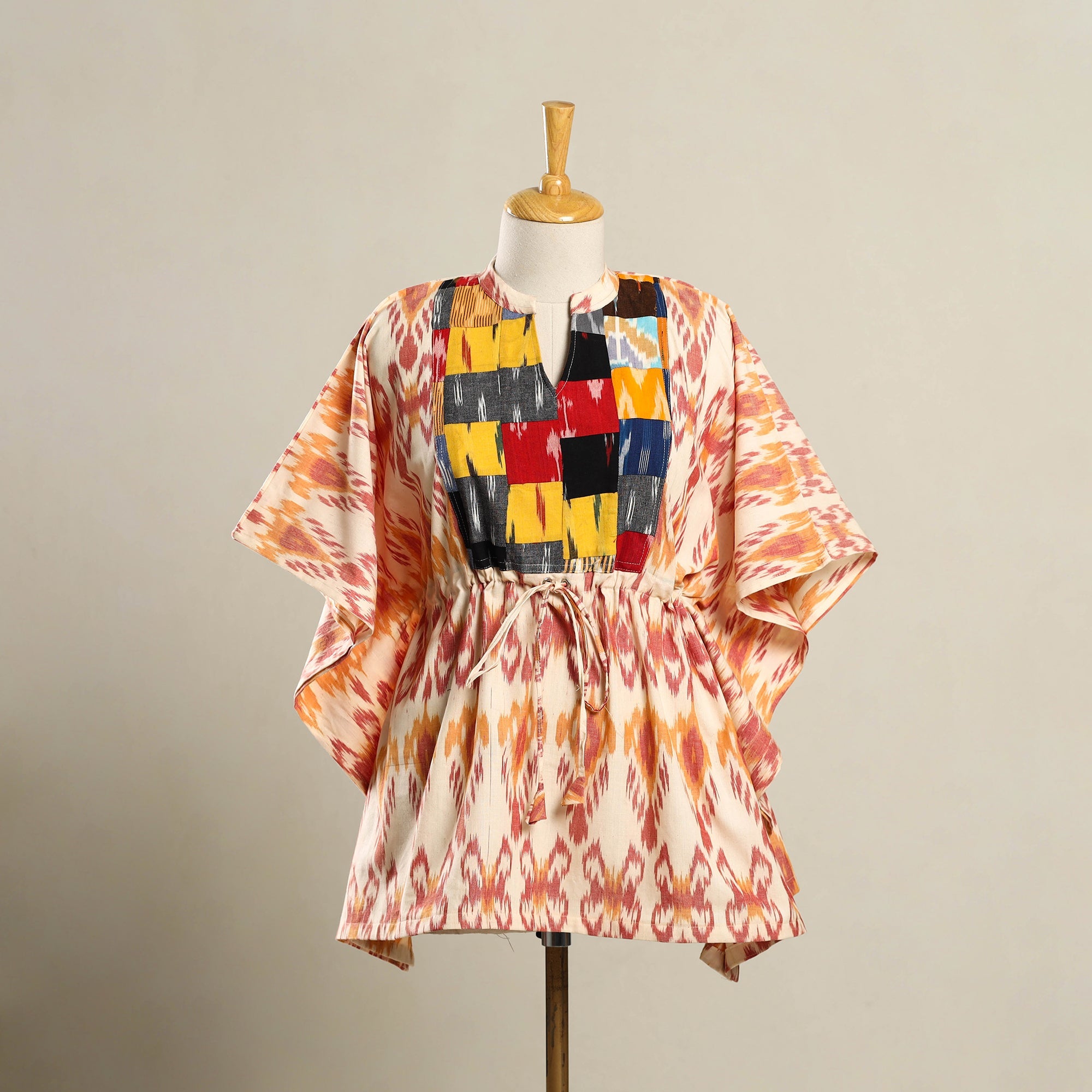 ITOKRI CASUALS Beige - Patchwork Pochampally Ikat Cotton Kaftan (Short) 02