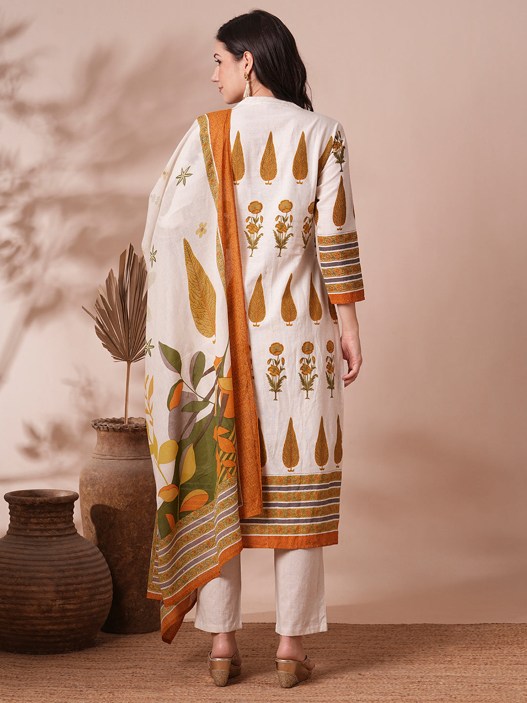 FASHOR Ethnic Printed Straight Fit Cotton Flax Kurta with Pant and Dupatta - Off White - view 6