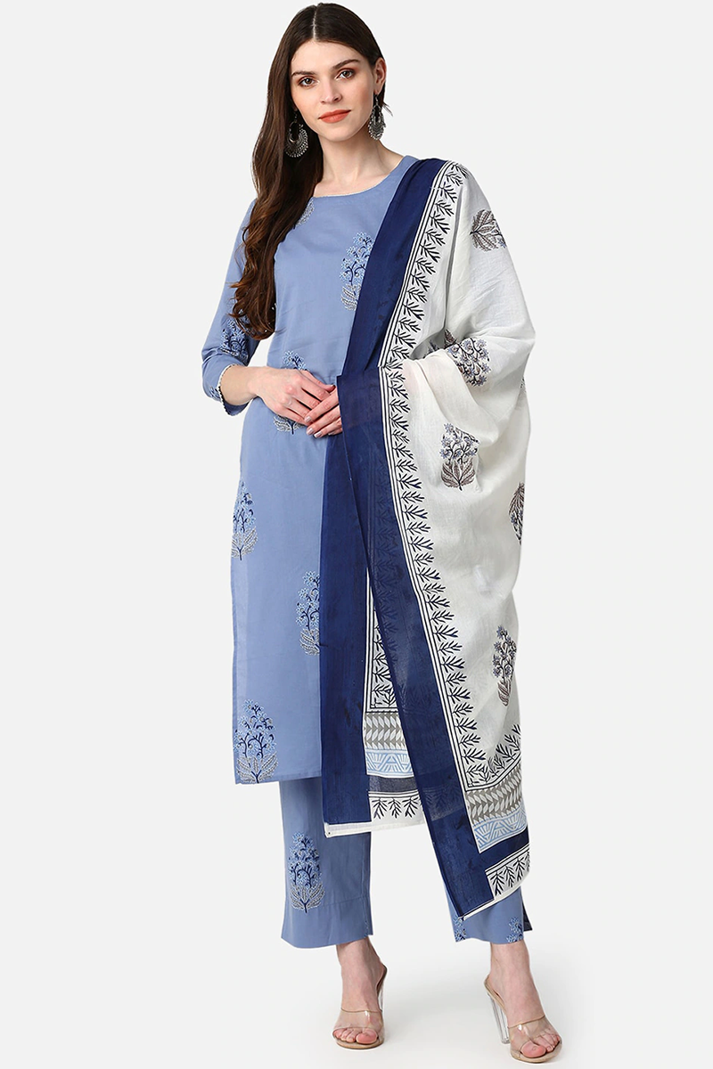 Ahika Women Cotton Blue Ethnic Motifs Printed Straight Kurta Palazzo Dupatta Set VKSKD1059