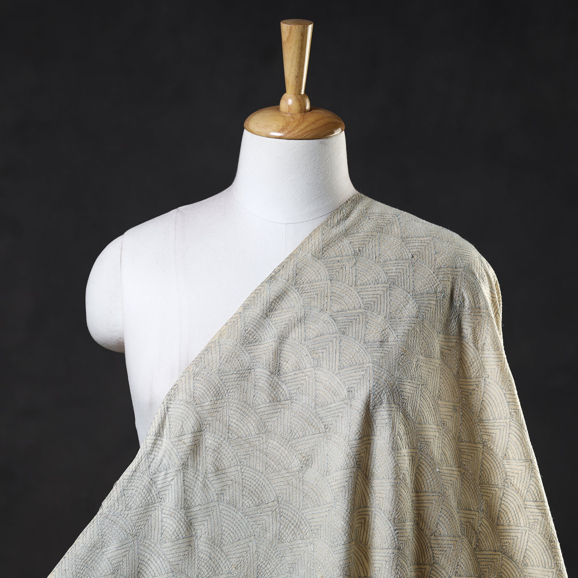 KHUSHBASH - HAPPY LOOM OF EAST Beige - Bengal Kantha Work Pure Tussar Silk Handloom Fabric