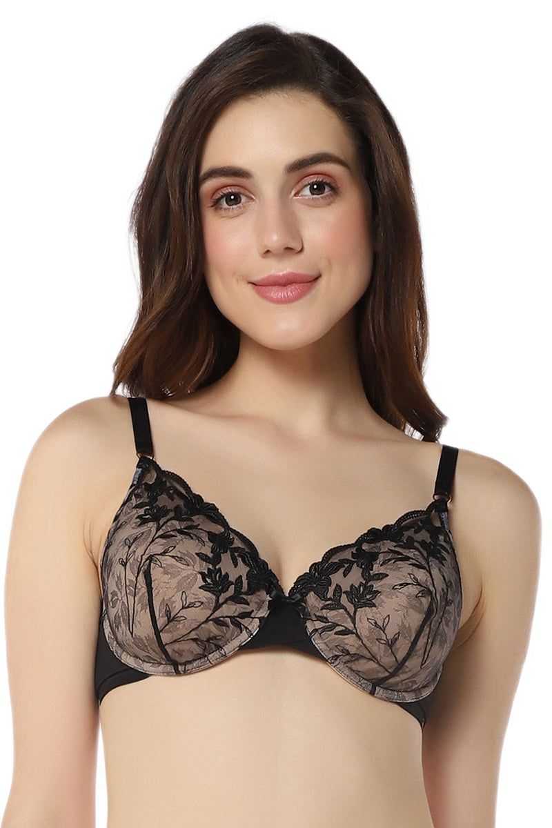 Amante Sheer Luxe Padded Wired Demi Bra - Black & Stucco
