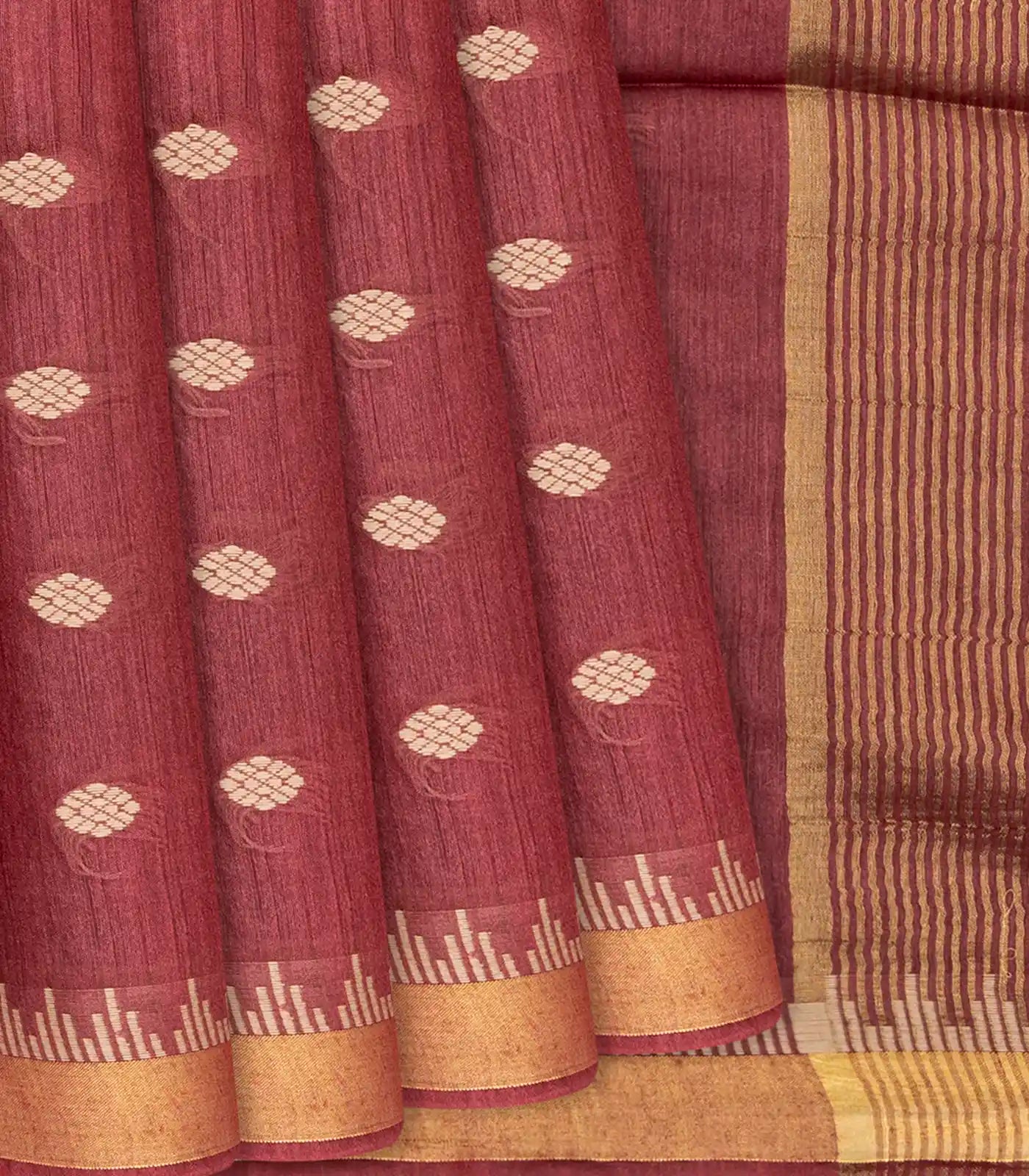 RmKV Chestnut Pink Handwoven Tussar Silk Saree With Floral Motifs-Chestnut Pink