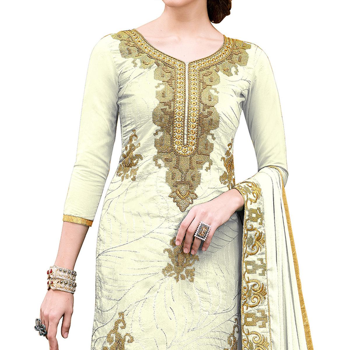 BlackTree graceful-off-white-colored-party-wear-embroidered-modal-dress-material - view 2