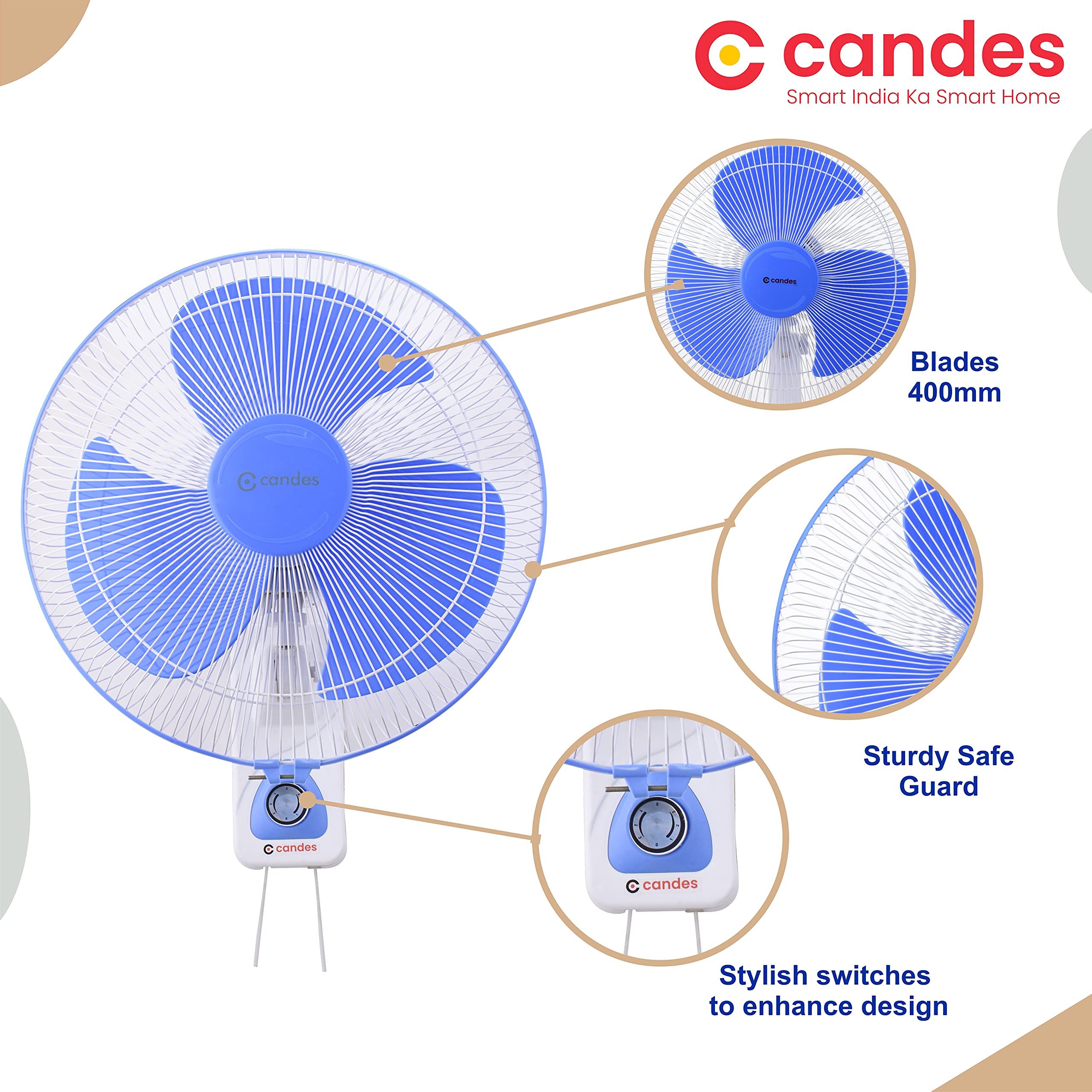 Candes Aura 3 Blade Automatic Oscillation Wall Fan With 2 Year Warranty (White Blue, 400mm) - view 5