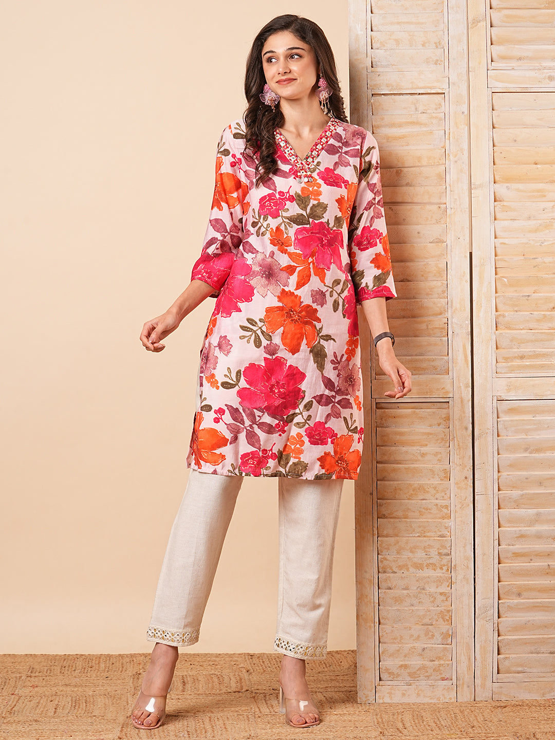 Fashor Abstract Floral Foil Printed & Mirror Embroidered Straight Fit Kurta - Pink