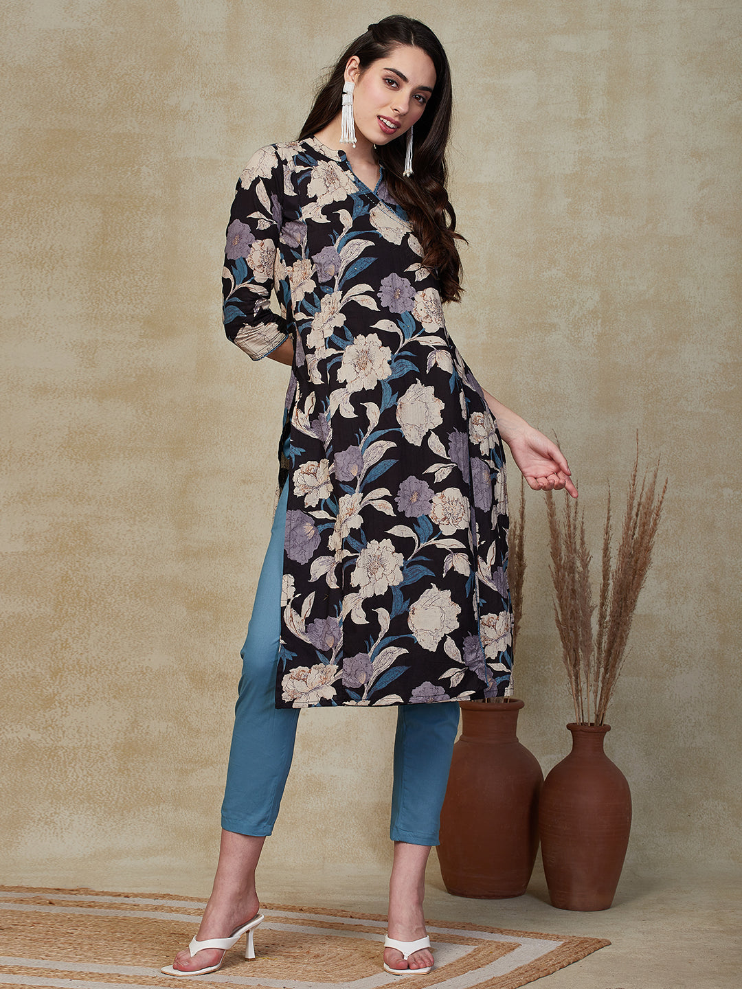 Fashor Floral Printed Sequins Embroidered Angrakha Style Kurta with Pants - Black & Multi