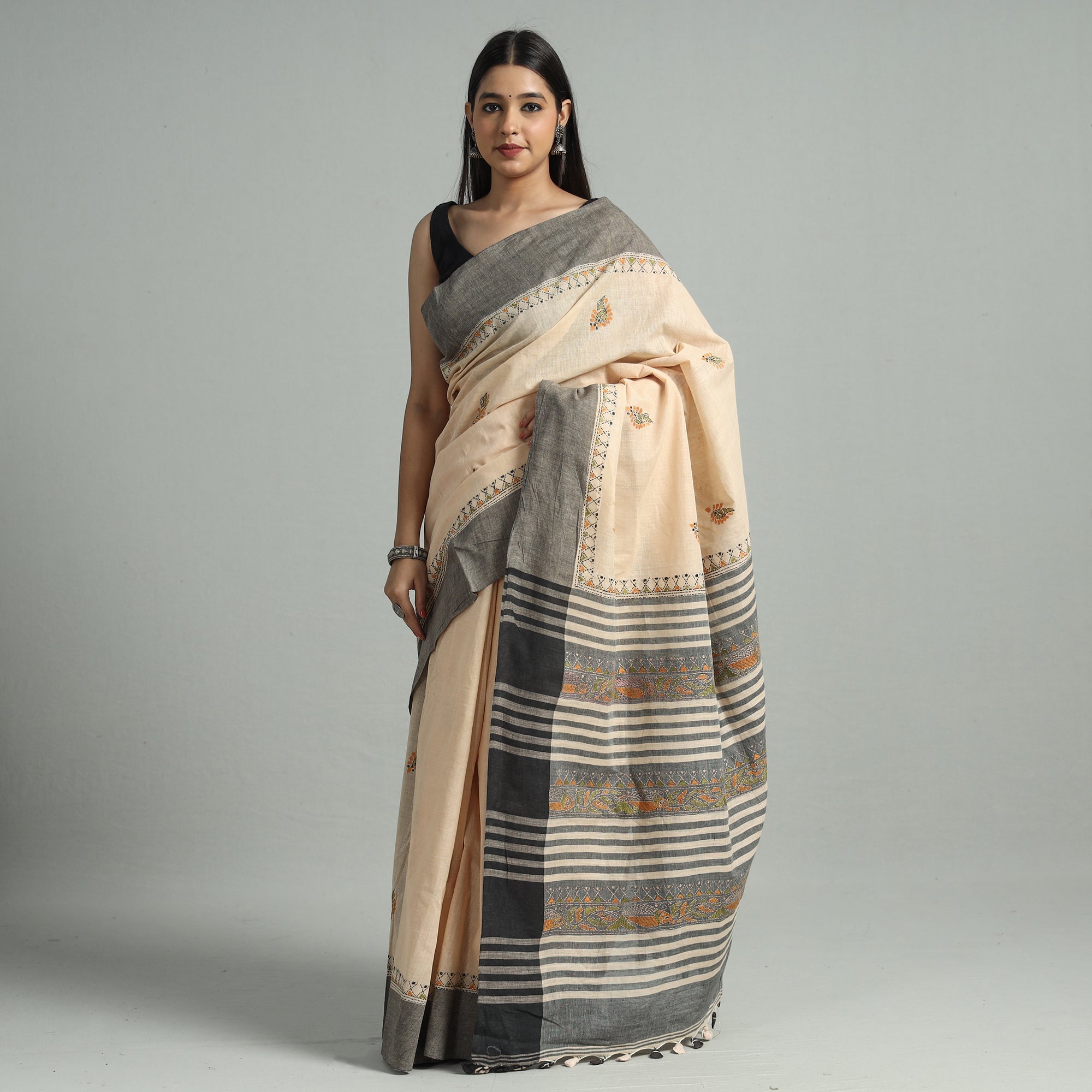 KHUSHBASH - HAPPY LOOM OF EAST Beige - Bengal Kantha Hand Embroidery Pure Handloom Tussar Silk Saree 30