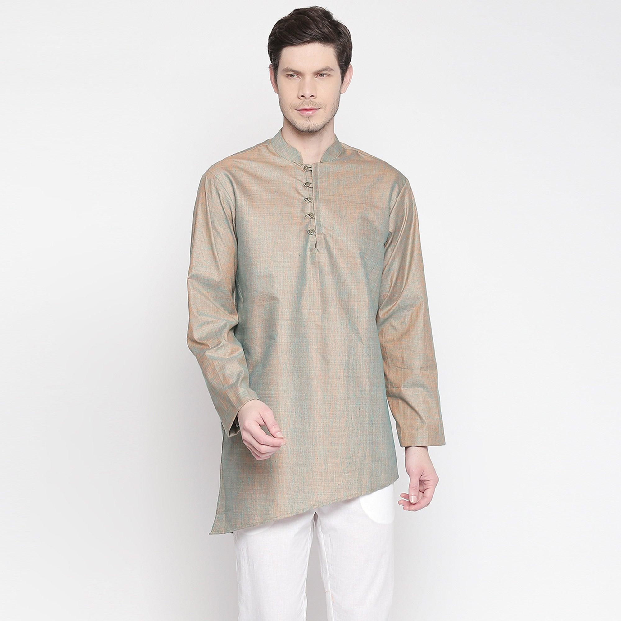 Peachmode Grey Solid Pure Cotton Short Kurta – Men's