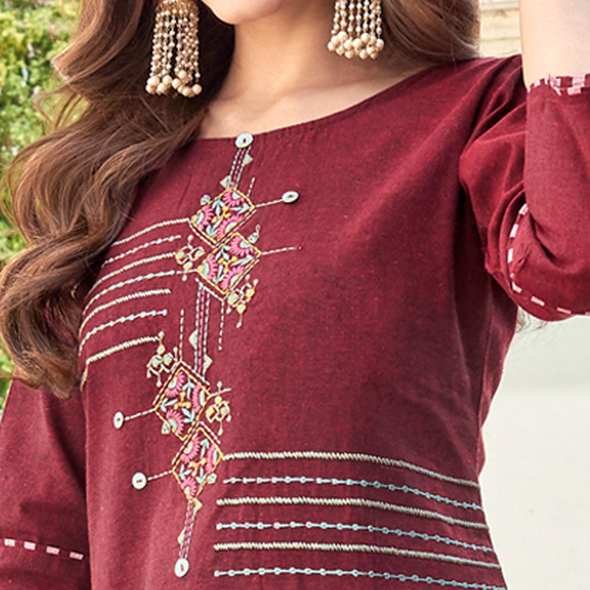 Peachmode Seller Maroon Casual Wear Embroidered Cotton Kurti Pant Set - view 3