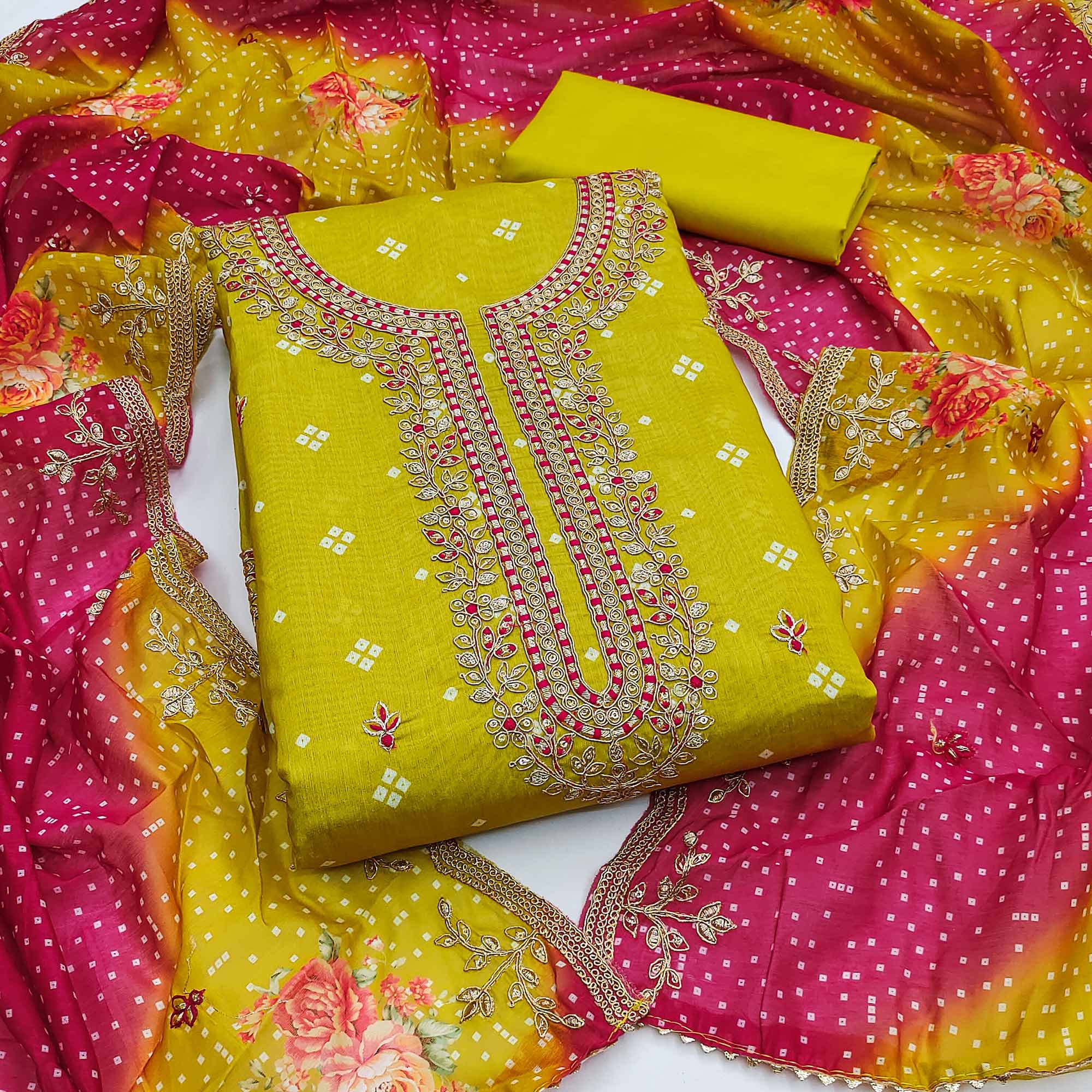 Peachmode Lemon Green Sequins Embroidered With Printed Organza Dress Material