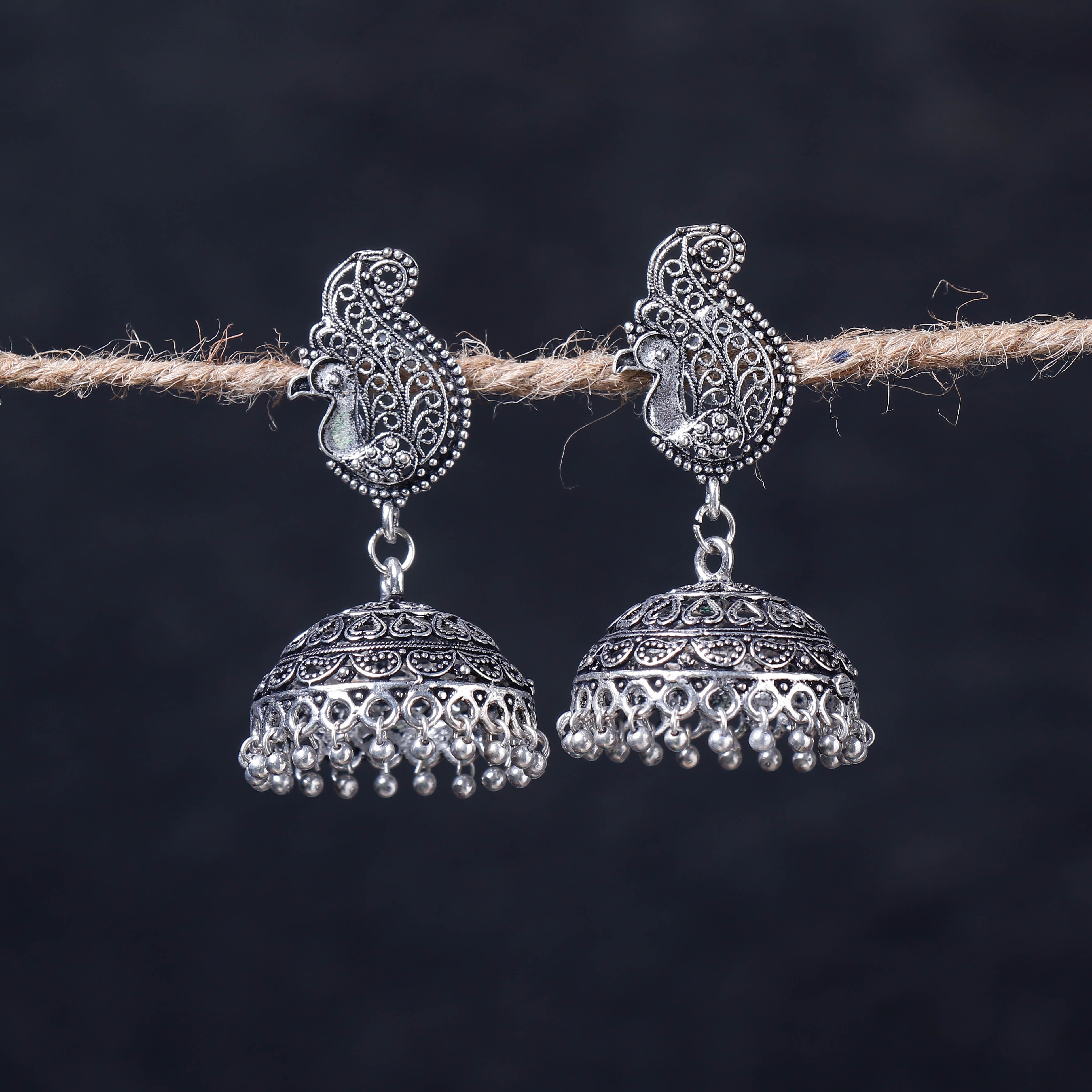 WHITE RIVER STORIES Antique Silver Finish Oxidised Brass Base Jhumka Earrings