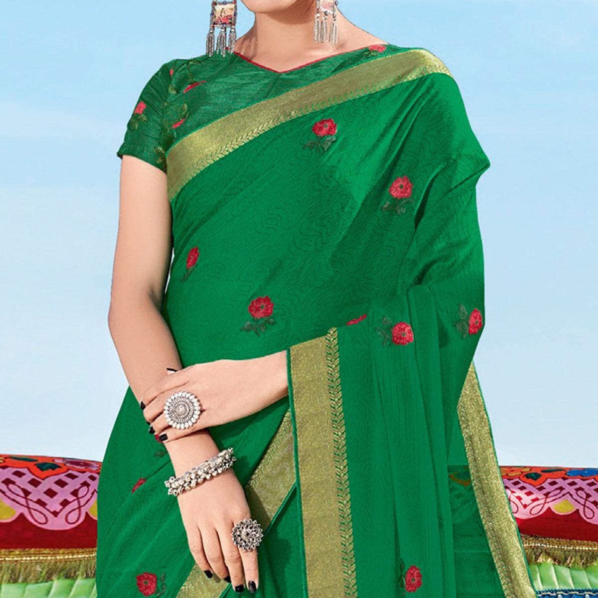 Peachmode Dark Rama Green Casual Wear Printed Chiffon Saree - view 2