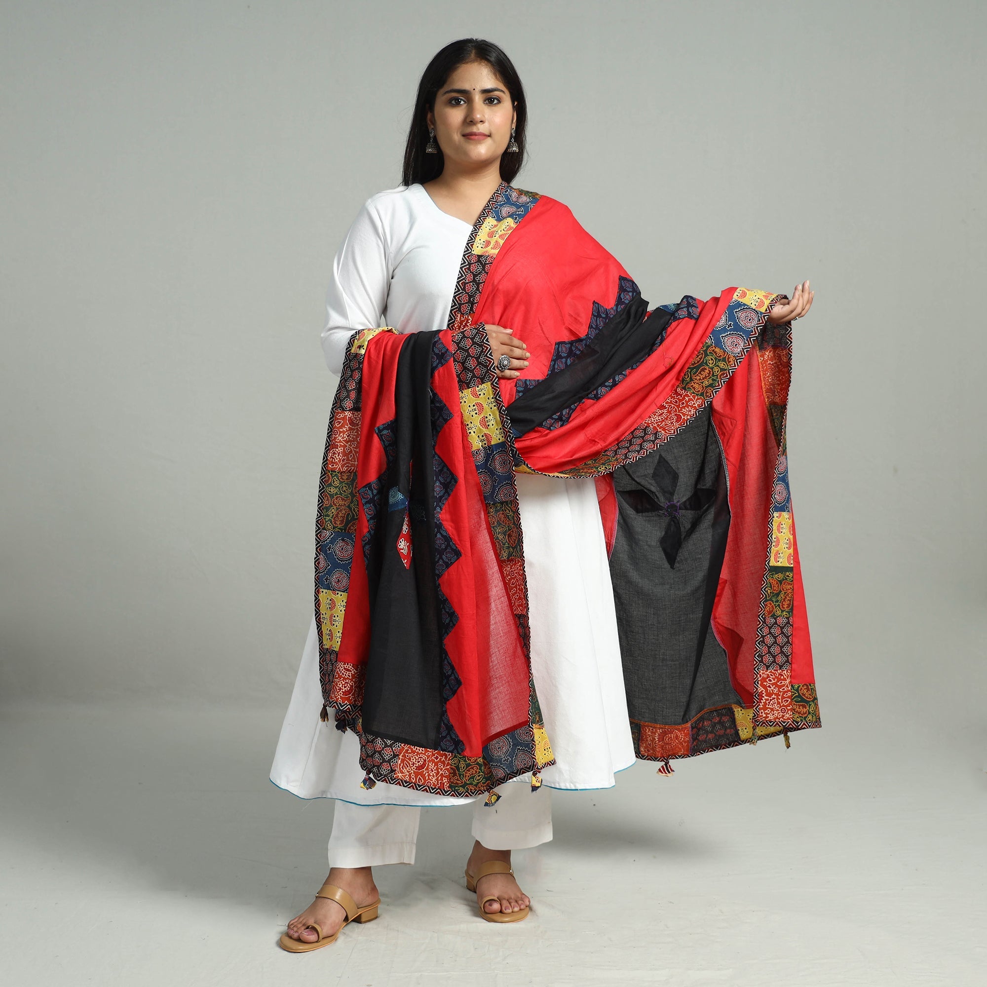 SHADES OF MARUDHARA Applique Patchwork Cotton Ajrakh Dupatta with Mirror Work 21