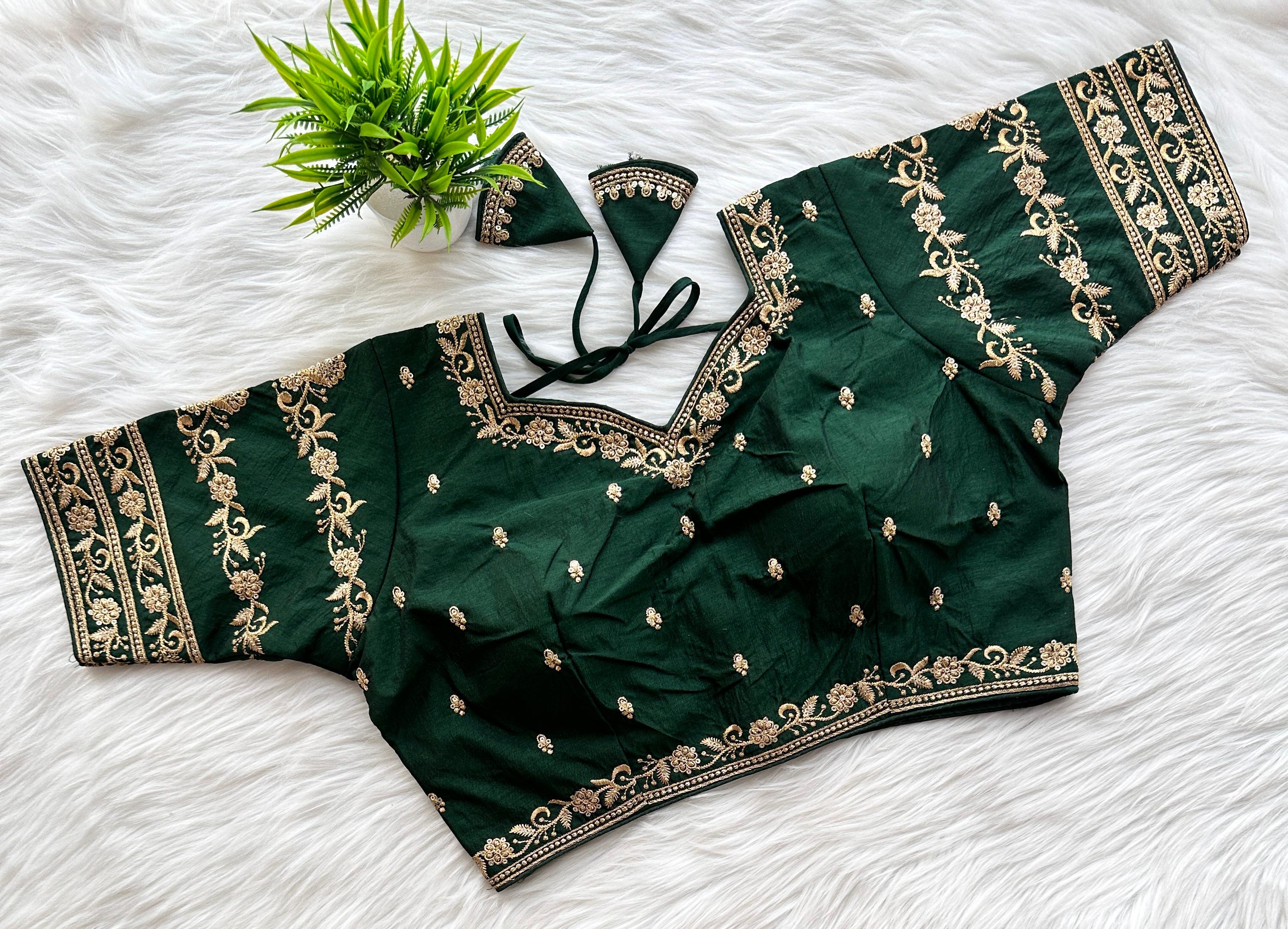 ClothsVilla Dark Green Rajbhog Silk Embroidered Blouse with Handcrafted Detailing