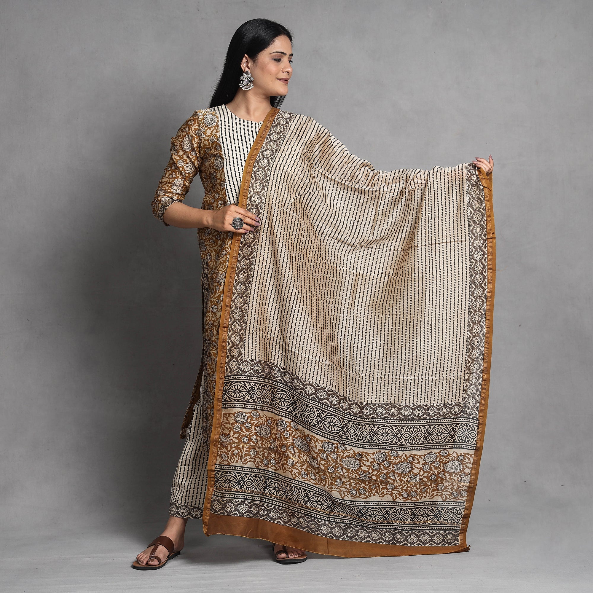 ITOKRI CASUALS Brown - Bagru Block Printed Chanderi Silk Kurta with Palazzo & Dupatta Set