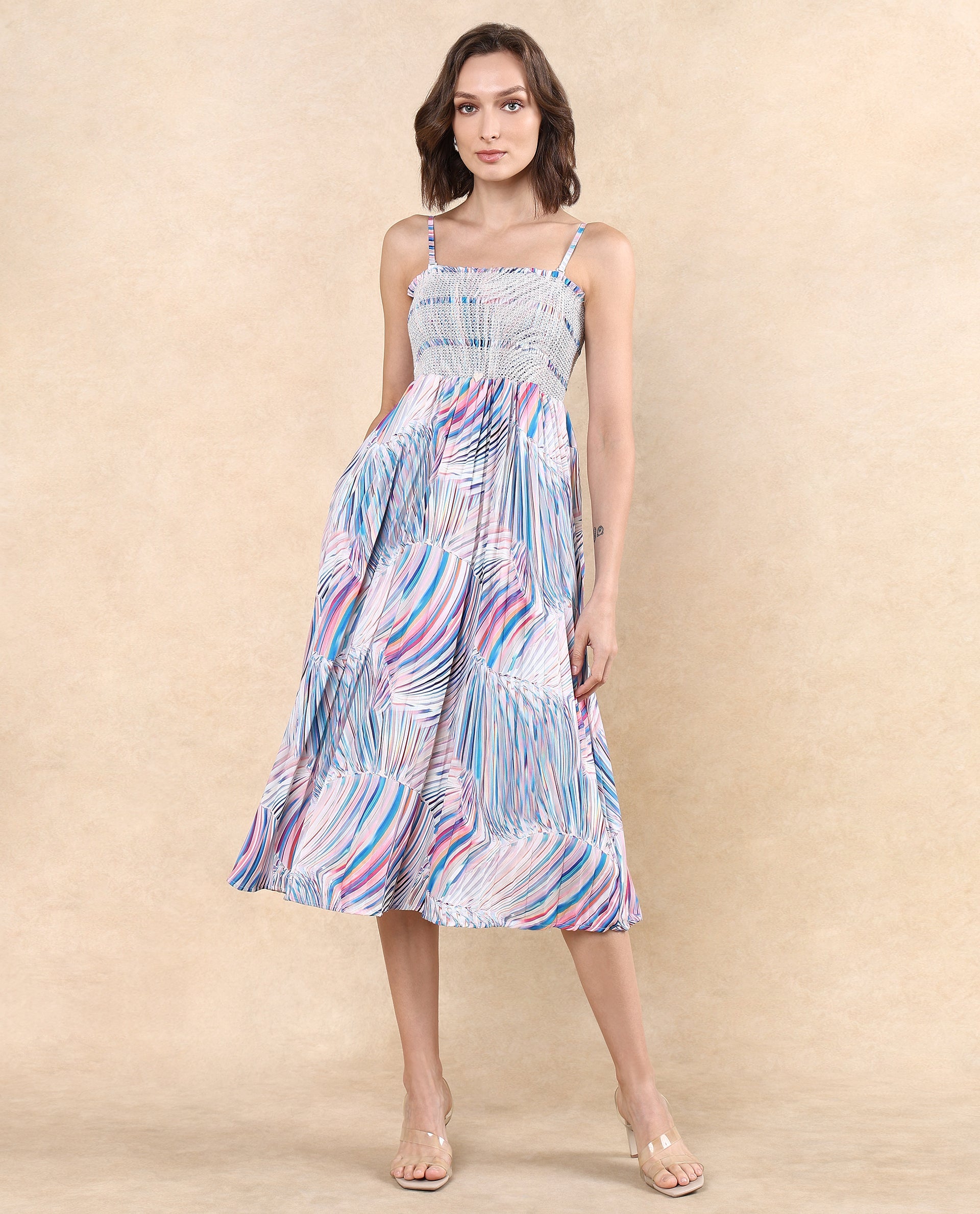 Rareism Women Shanks Multi Polyester Fabric Sleeveless Tube Neck Fit And Flare Midi Abstract Print Dress - view 4
