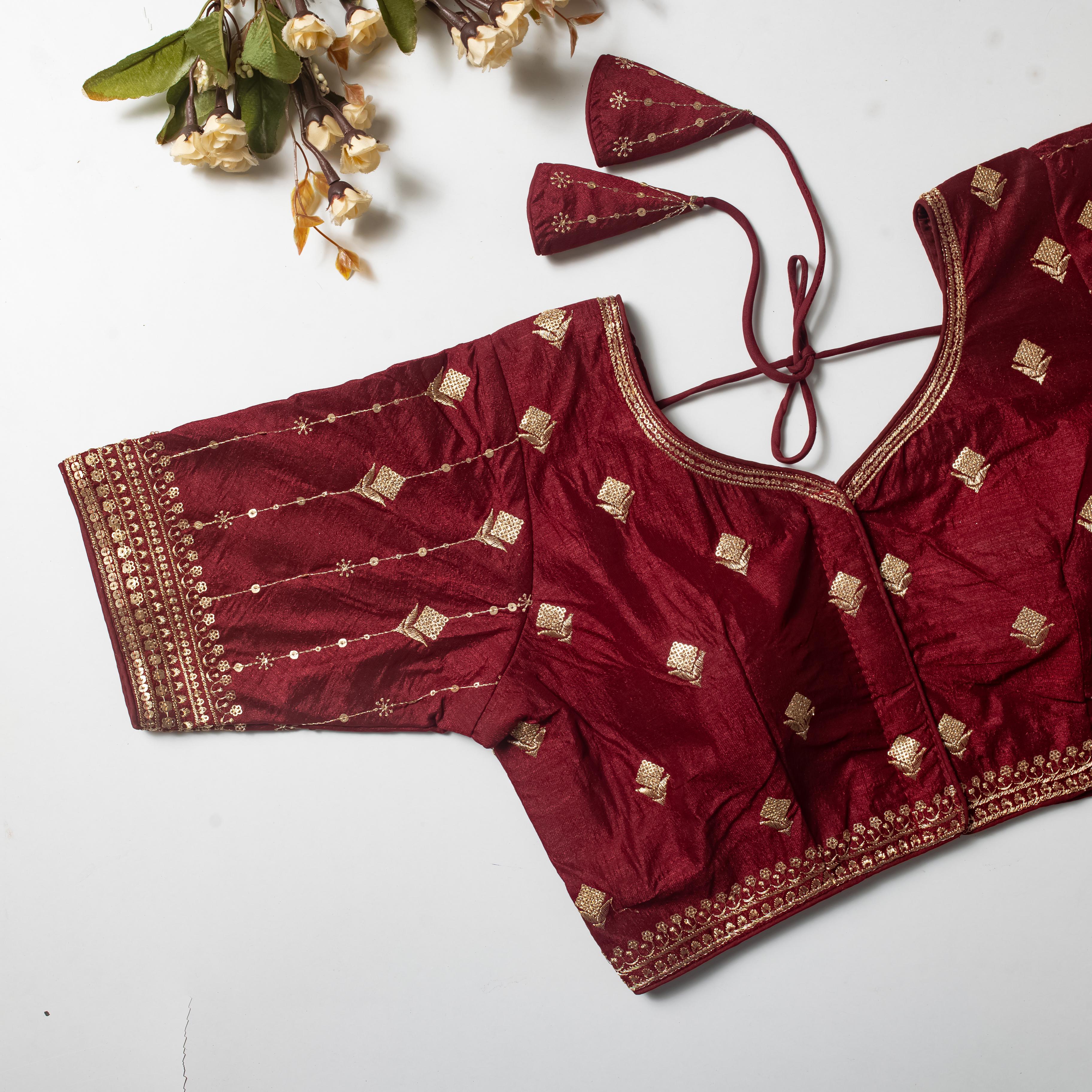 ClothsVilla Maroon Golden Embroidered Vibrant Silk Blouse with Sequins