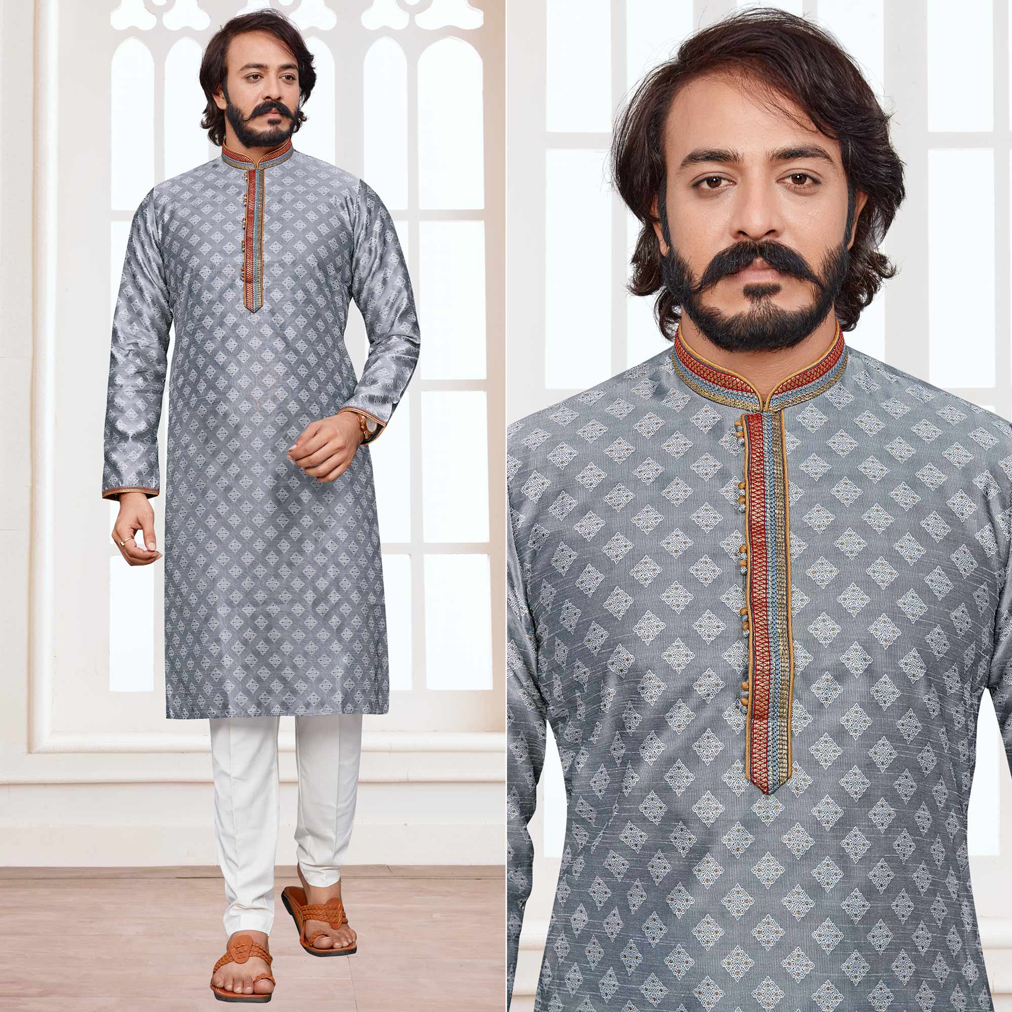 Peachmode Seller Grey Woven Jacquard Kurta Pyjama Set