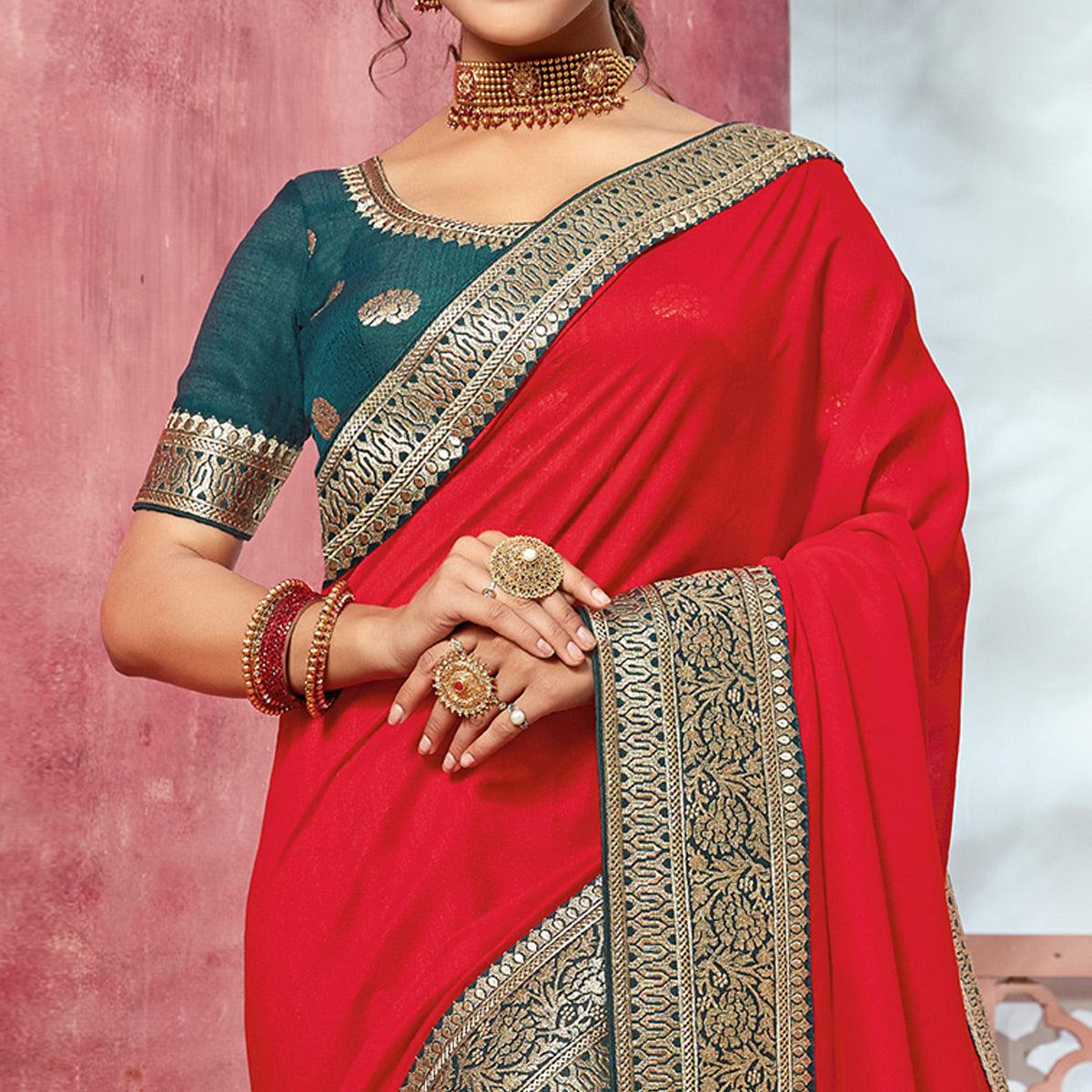 Peachmode Coral Red Festive Wear Silk Saree With Embroidered Border - view 2