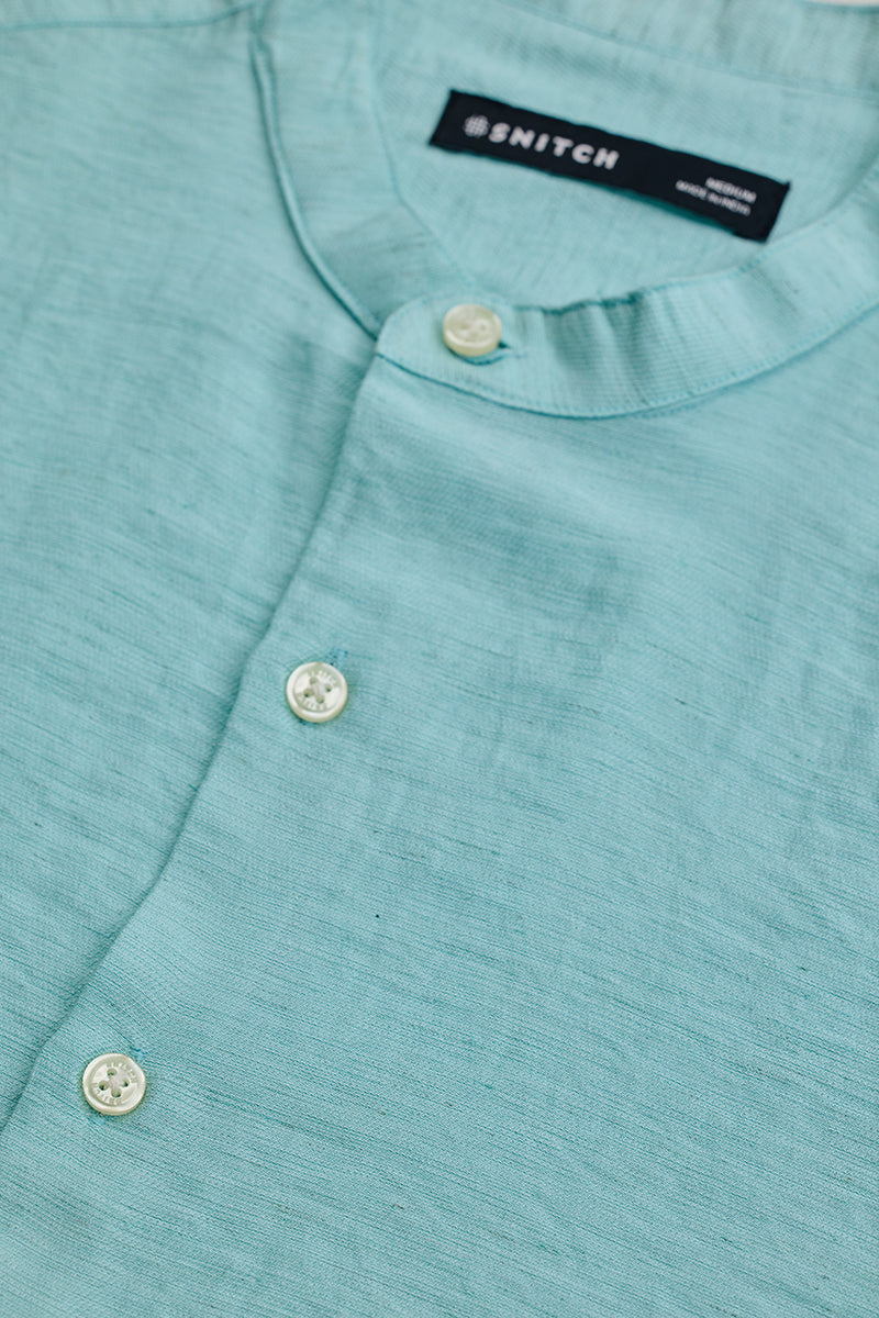 SNITCH Light Blue Mandarin Linen Blend Shirt - view 2