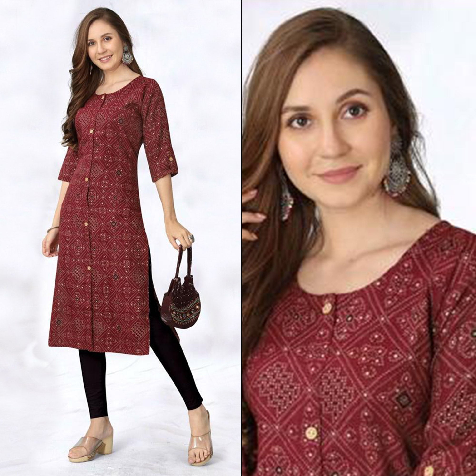 Peachmode Seller Maroon Foil Printed Rayon Kurti