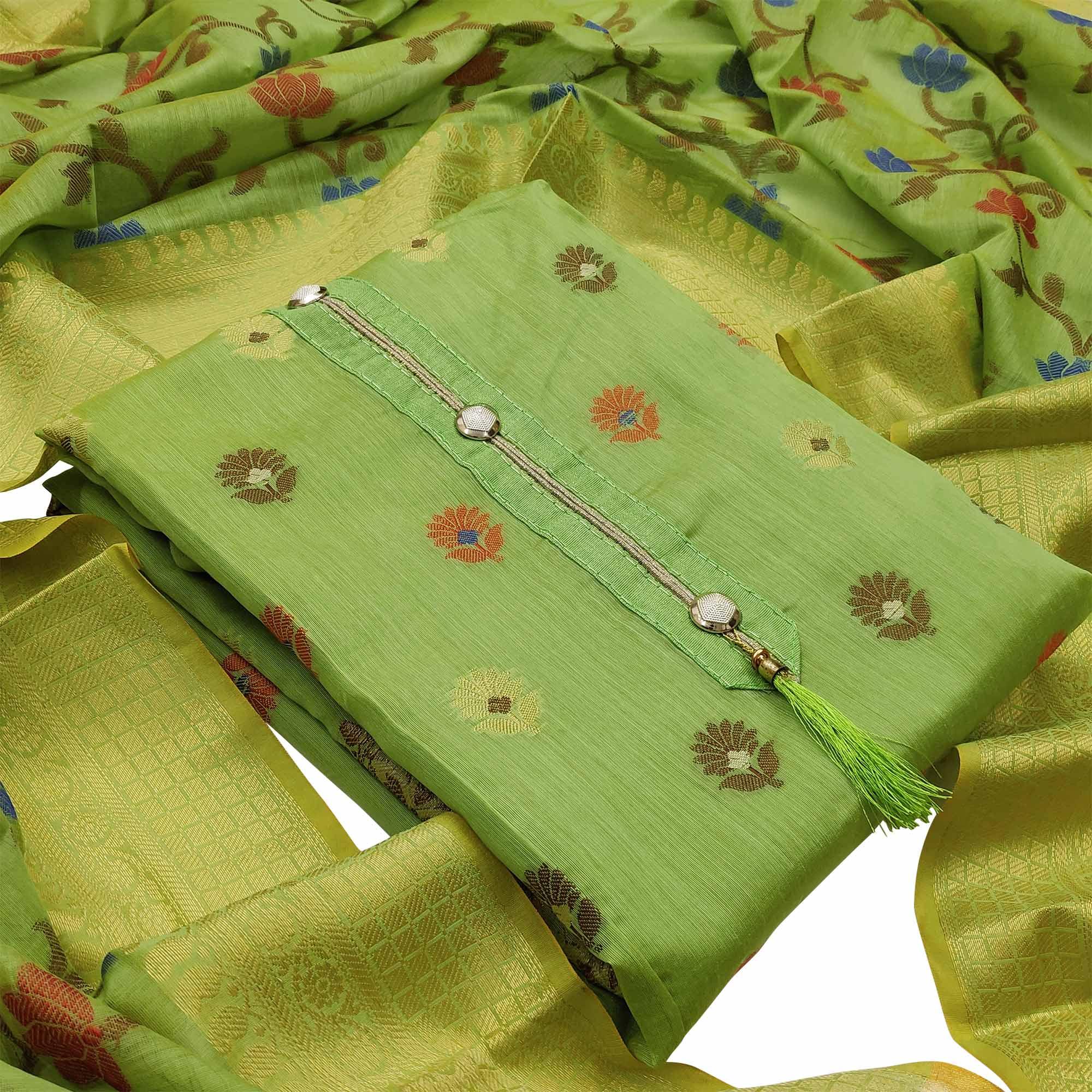 Peachmode Glowing Green Colored Festive Wear Woven Heavy Banarasi Silk Dress Material