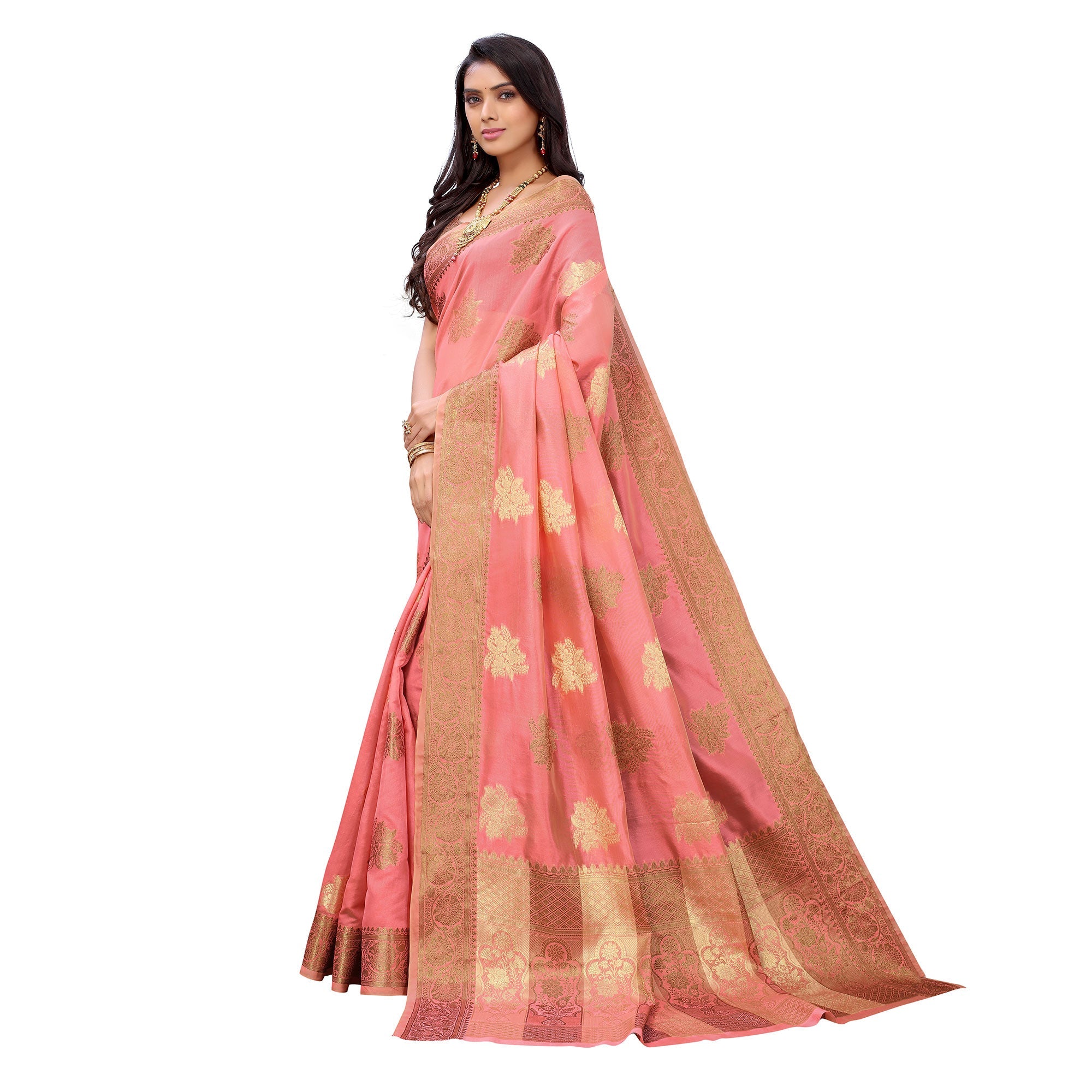 Peachmode Gajari Pink Festive Wear Floral Woven Silk Saree - view 3