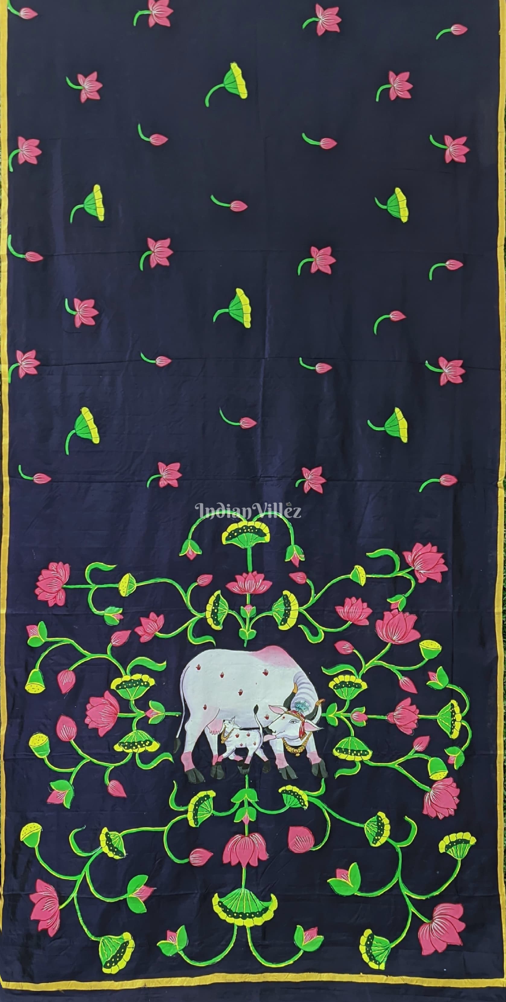 IndianVillèz Hand Painted Pichwai Art on Blue Mulberry Silk Saree