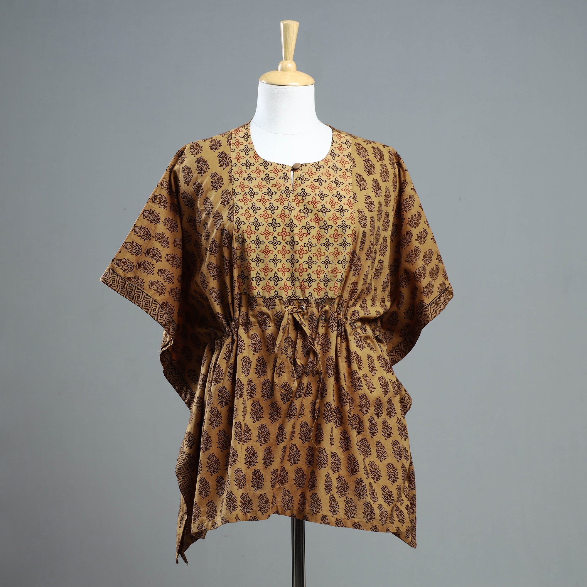 ITOKRI CASUALS Brown - Bagh Block Printed Cotton Kaftan with Tie-Up Waist (Short)