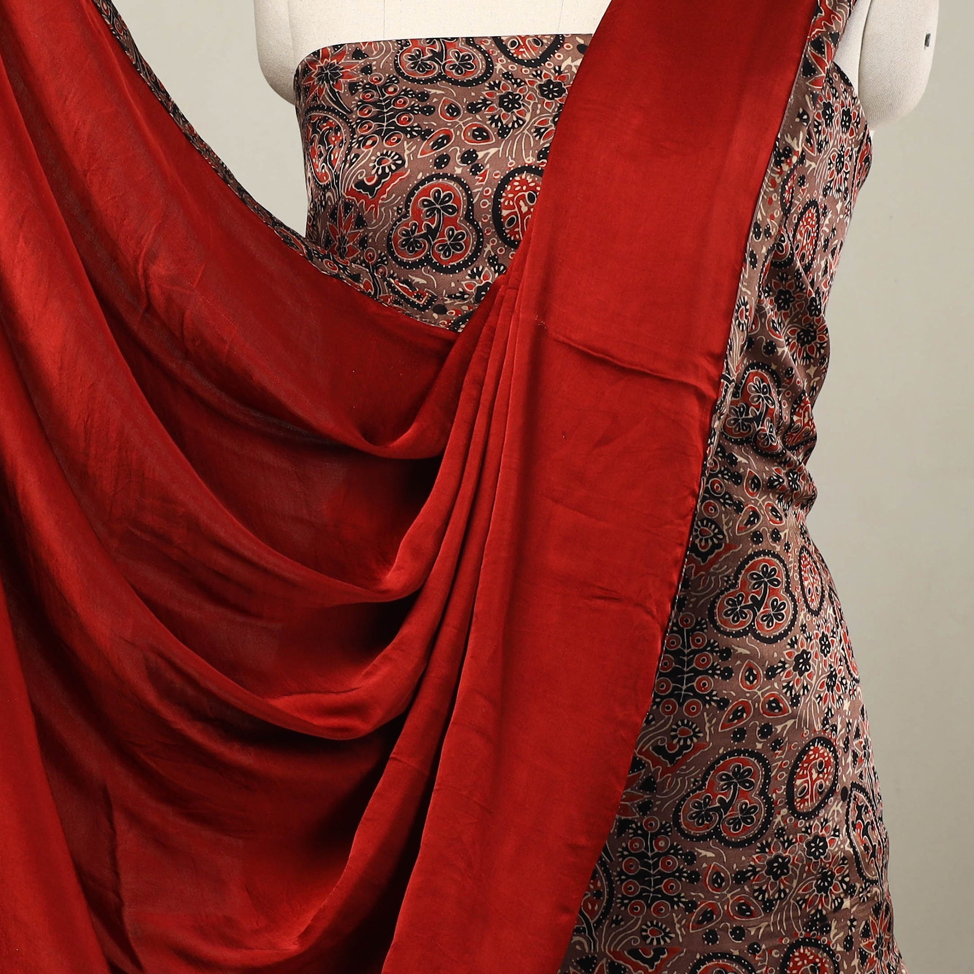 NOORI BAZAR Brown - 3pc Modal Silk Ajrakh Print Kurta with Plain Dupatta 02 - view 3