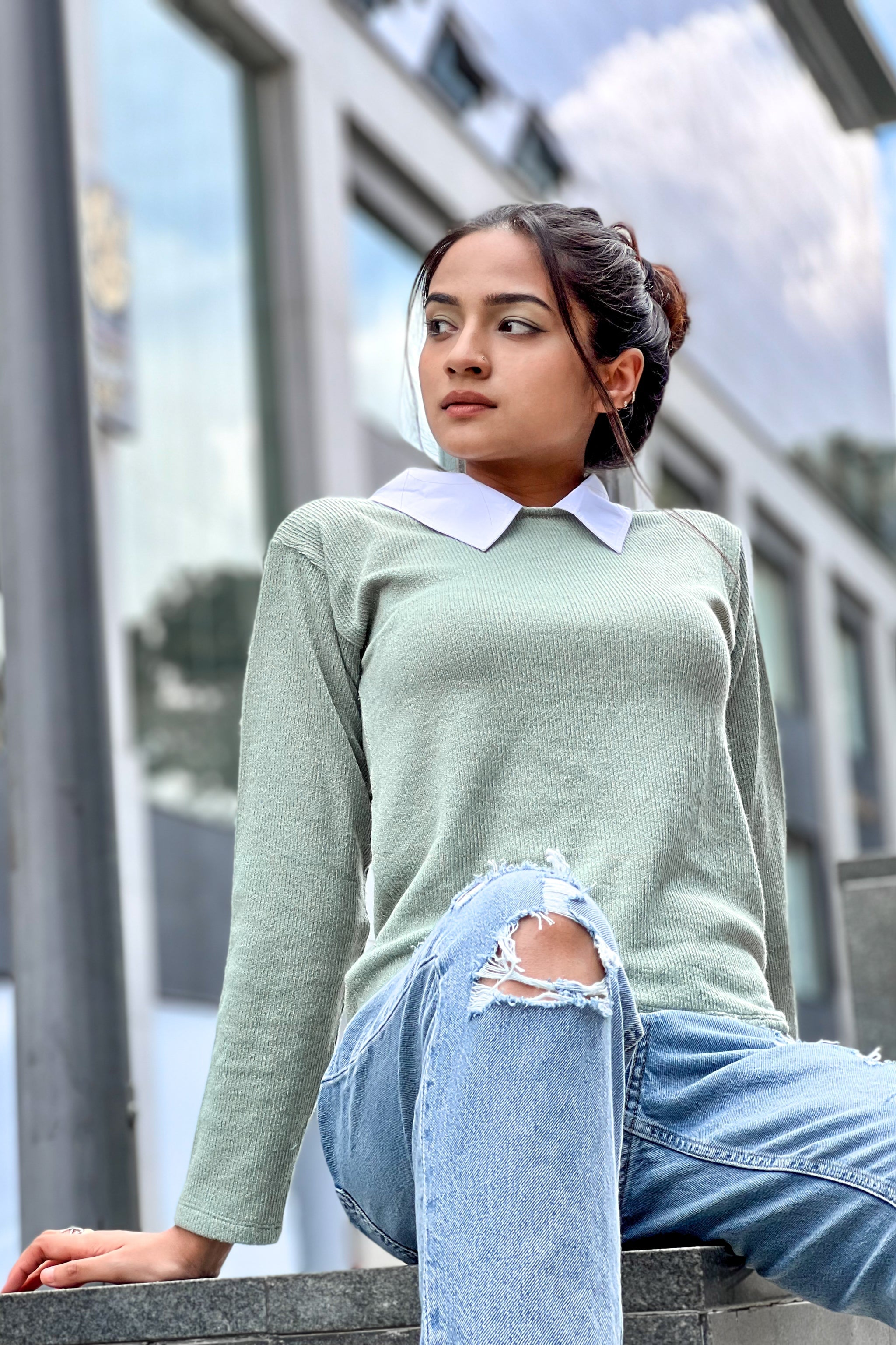 Normcore Long Sleeve Contrast Collar Top – Mint