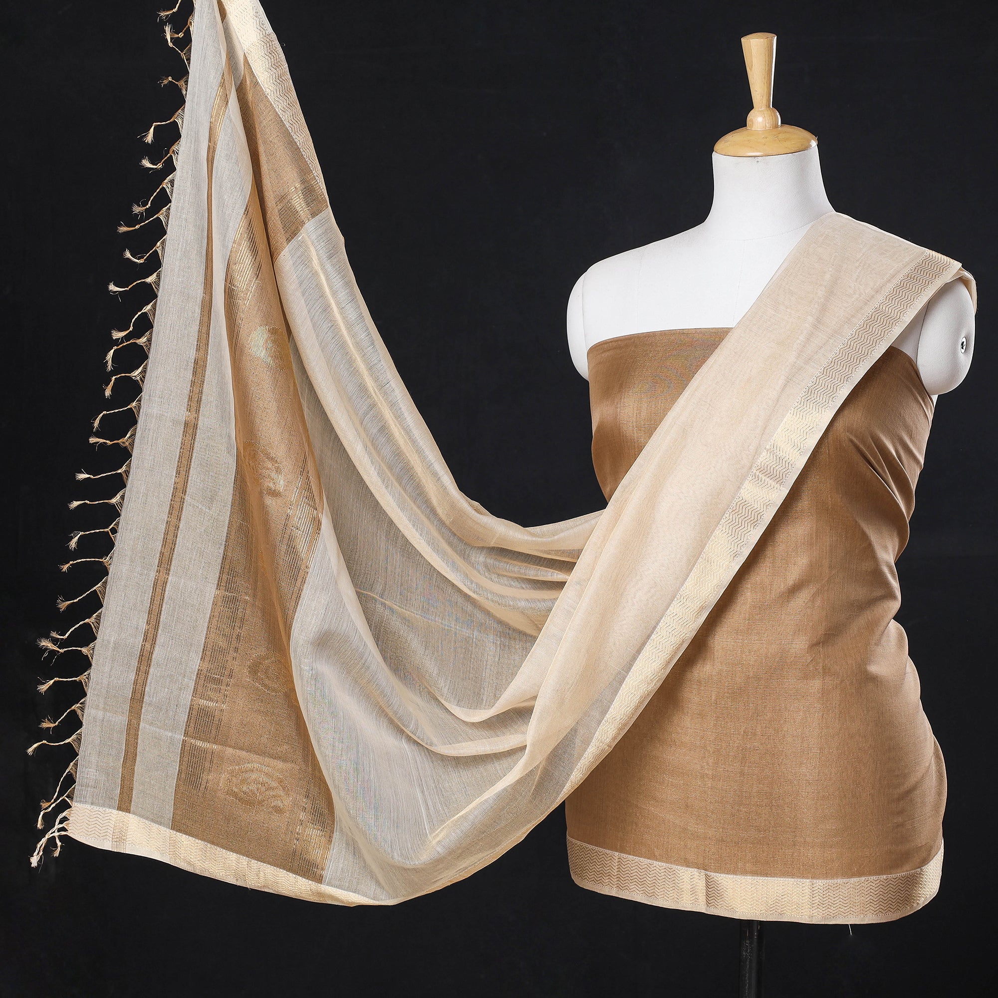 ITOKRI CRAFTS INITIATIVE Brown - 2pc Maheshwari Silk Tissue Zari Handloom Suit Material Set