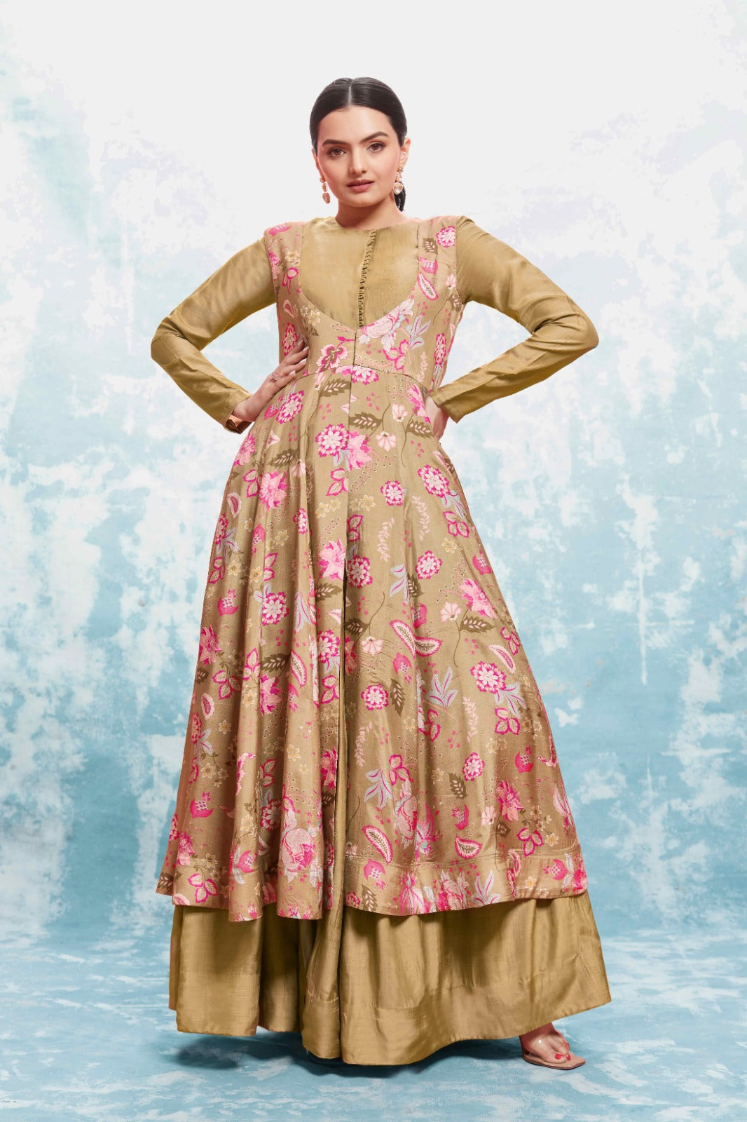 ClothsVilla Chic Olive Muslin Dress with Printed Work and Georgette Dupatta – Ready to Wear - view 3