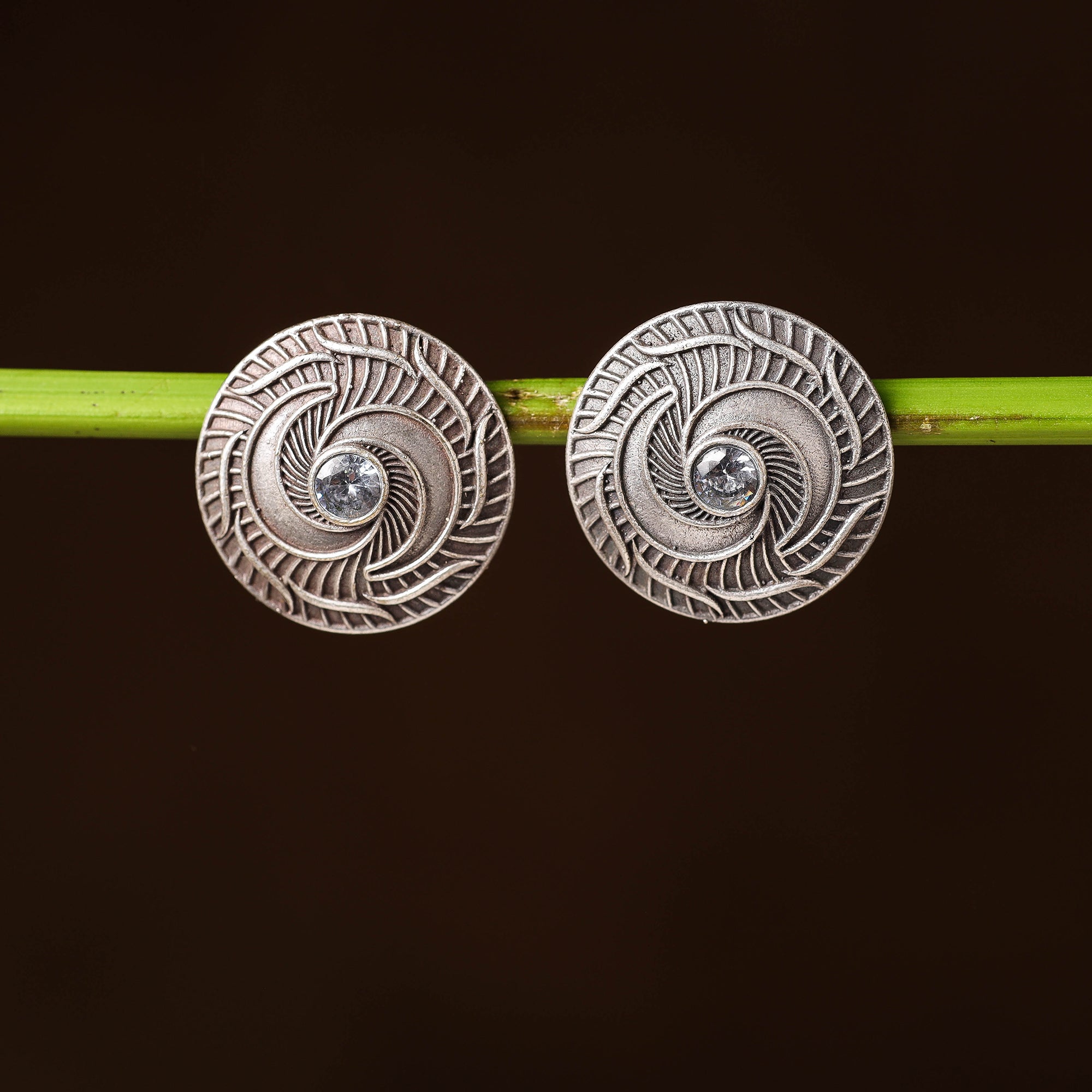 WHITE RIVER STORIES Antique Silver Finish Oxidised Brass Base Stone Work Stud Earrings