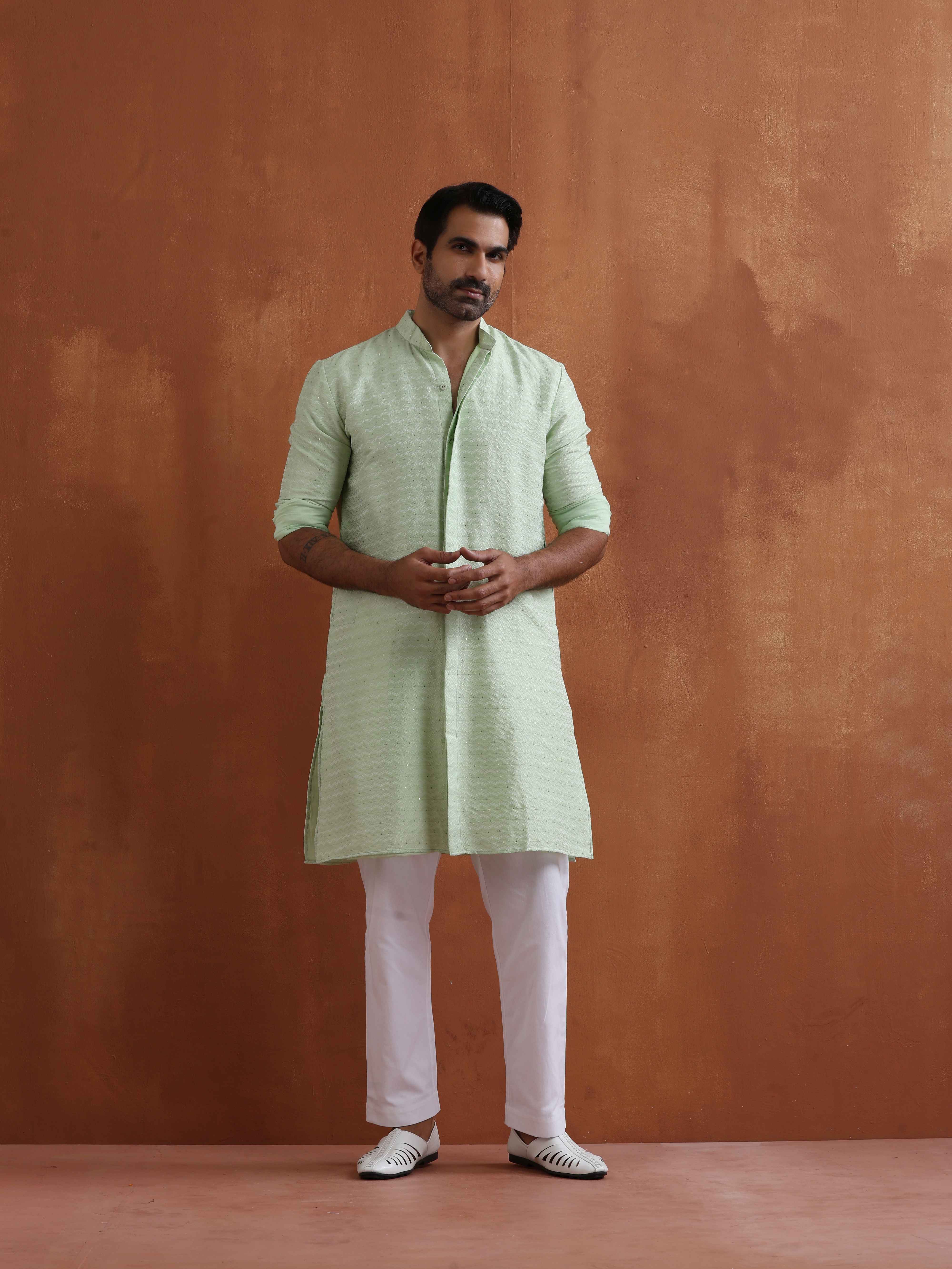 trueBrowns Men's Green Sequin Chanderi Kurta - view 2