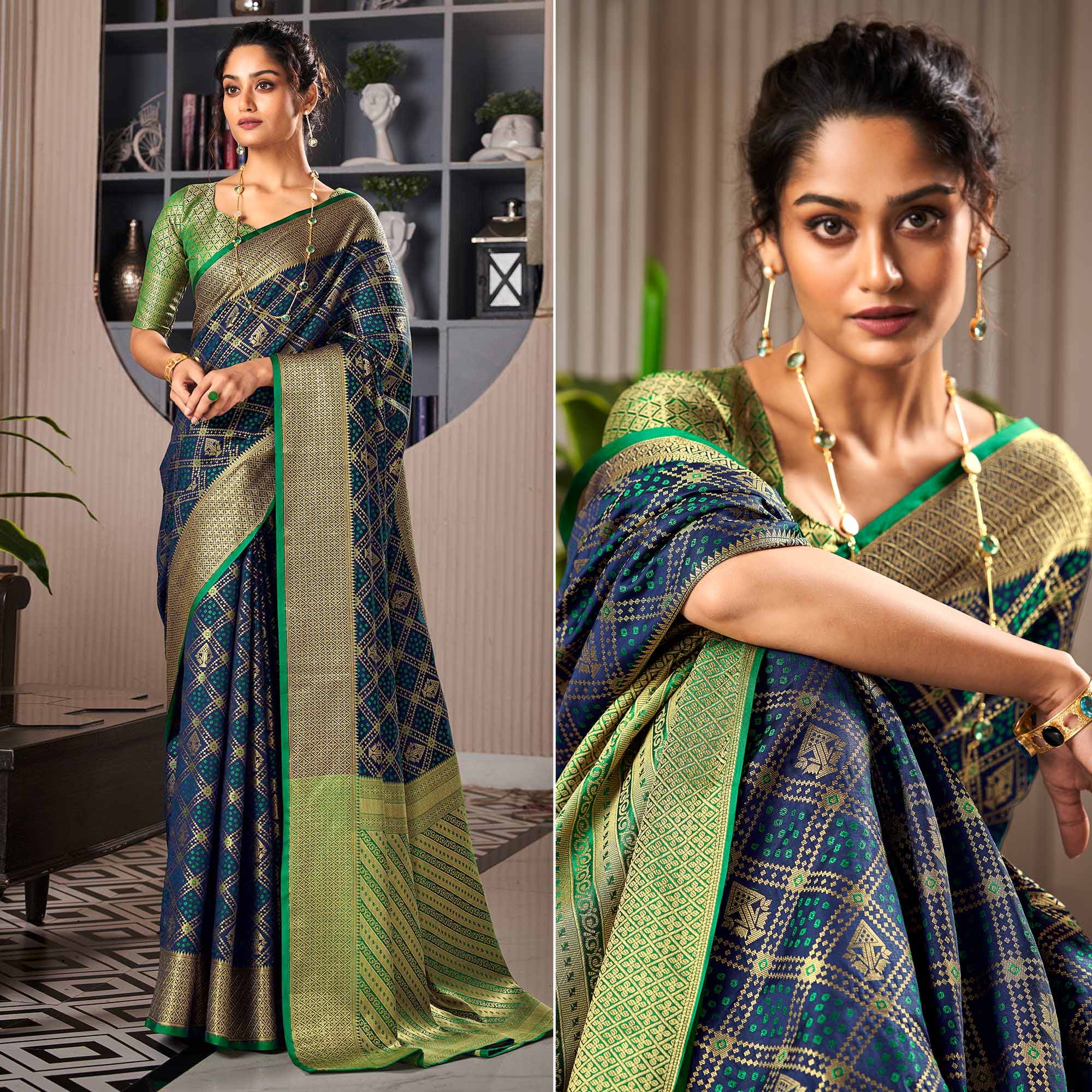 Peachmode Blue Woven Patola Pure Silk Saree – Women's