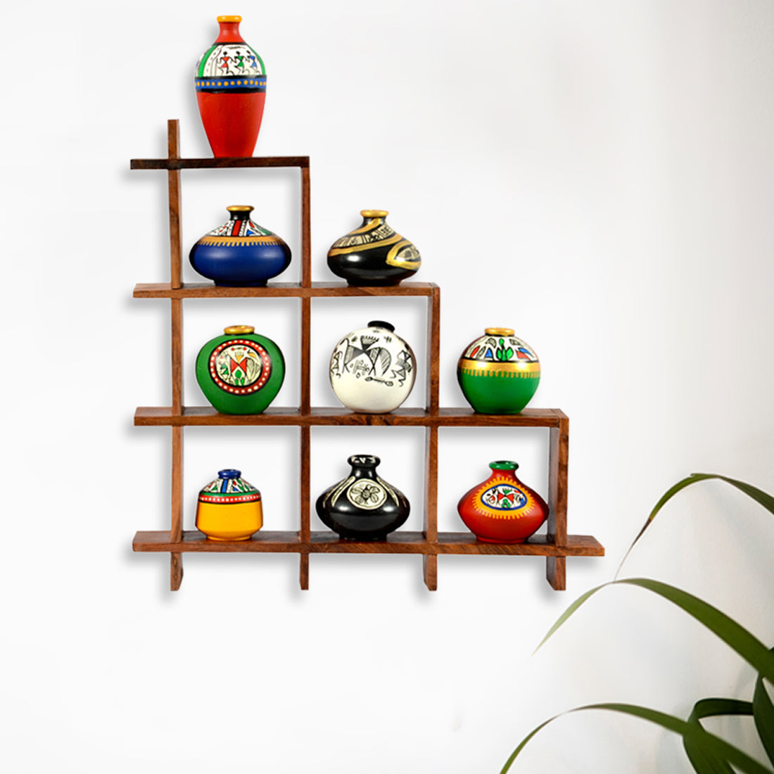 EXCLUSIVELANE 9 Terracotta Warli Handpainted Pots with Sheesham Wooden Frame Wall Hanging