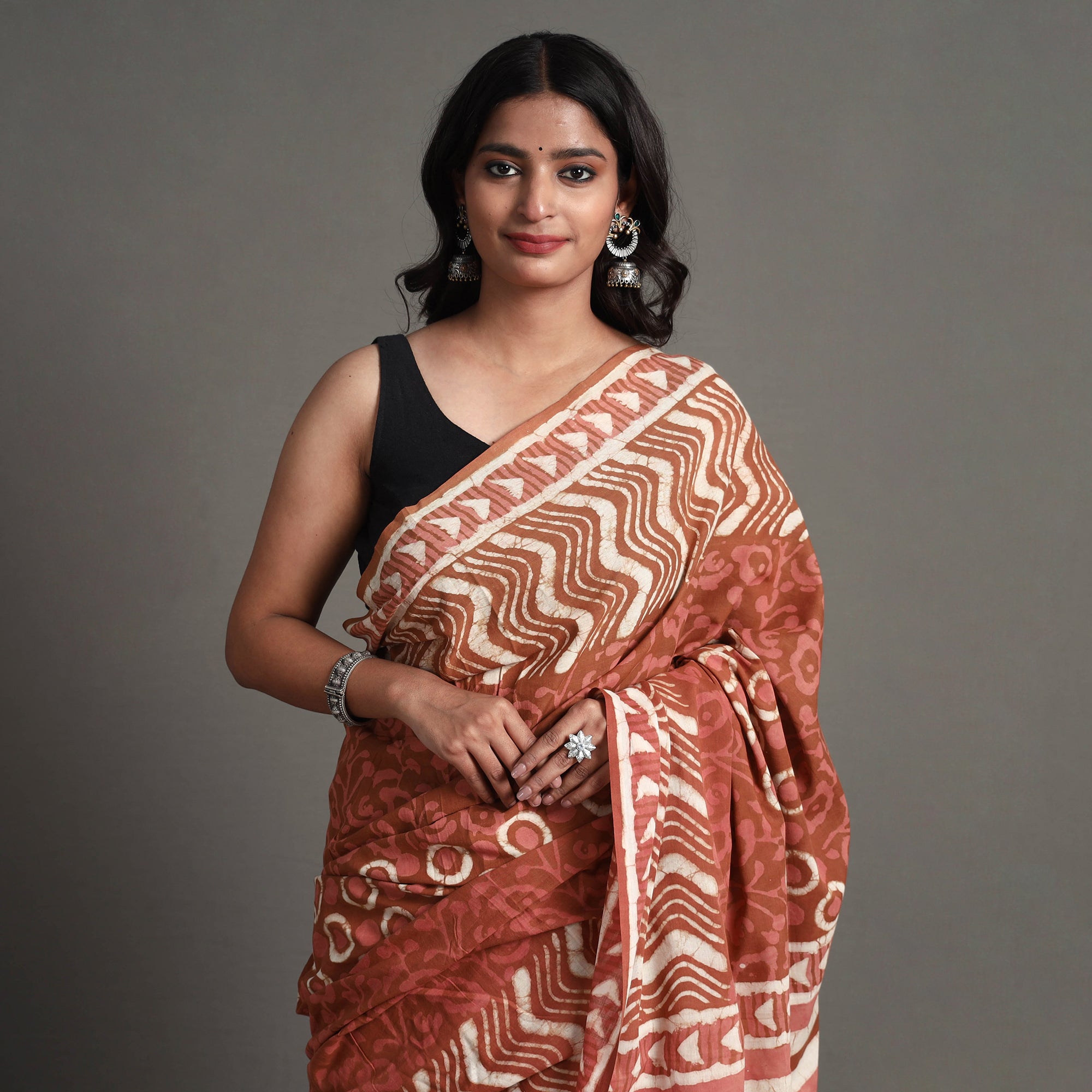 ARTISAN HAND BLOCK PRINTS Brown - Bagru Dabu Block Printed Mul Cotton Saree - view 5