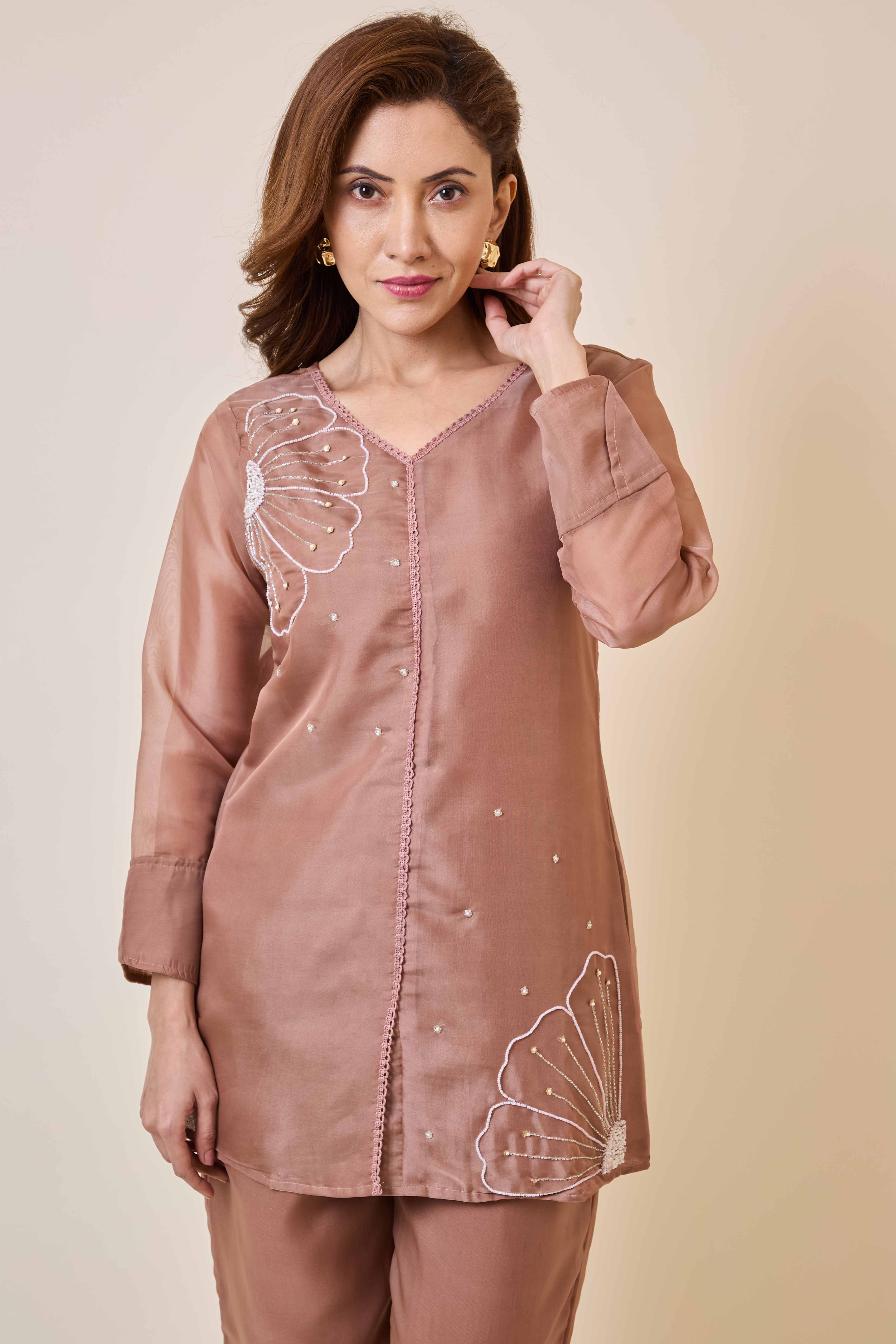 Peachmode Brown Floral Embroidery Organza Co-Ord Set - view 2