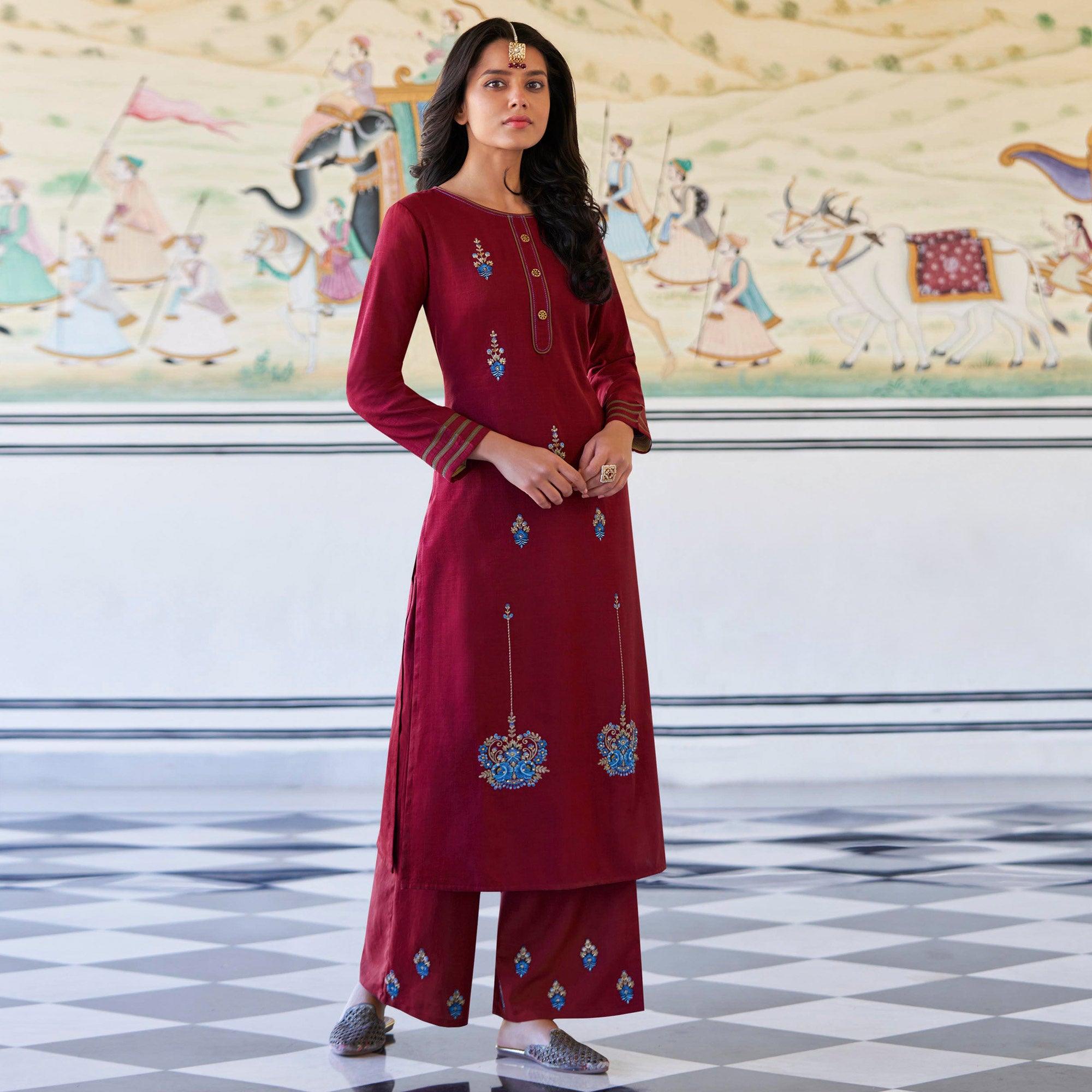 Peachmode Seller Maroon Casual Wear Embroidered Heavy Rayon Kurti - Palazzo Set