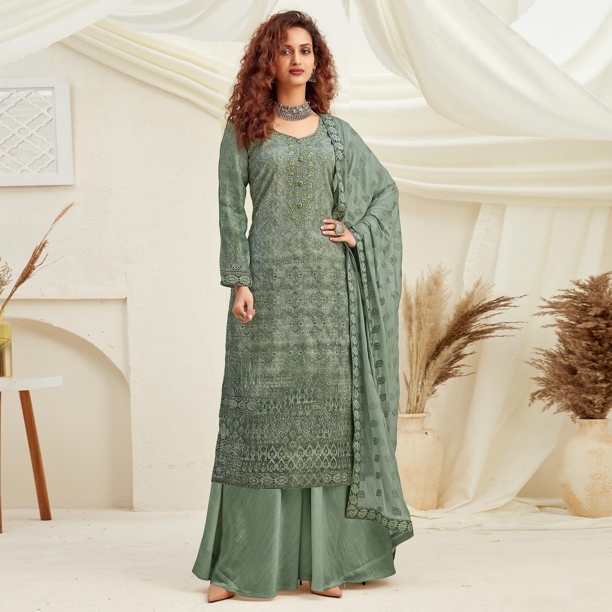 Peachmode Elegant Green Colored Embroidered With Digital Printed Partywear Pure Viscose Chinnon Chiffon Palazzo Suit